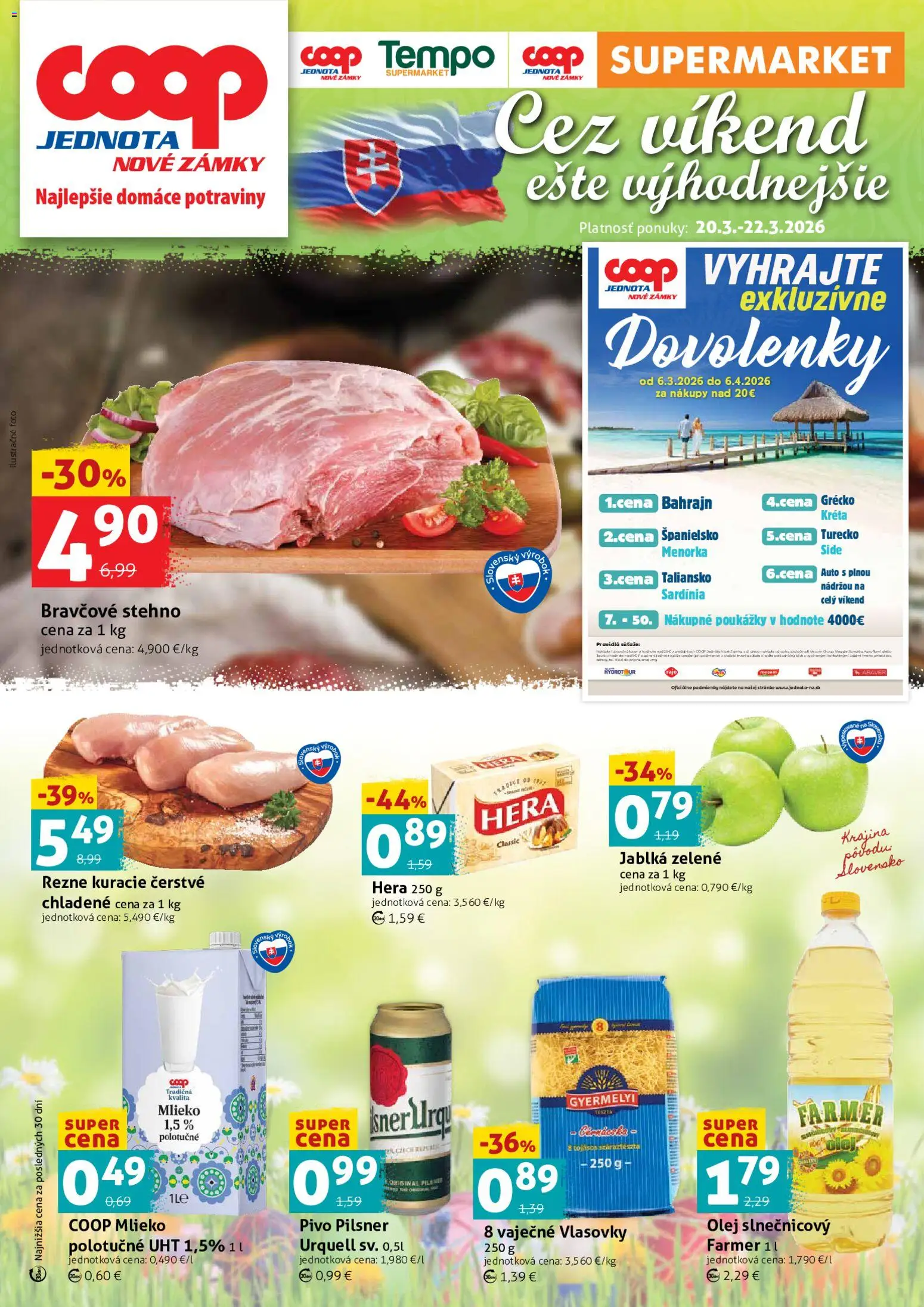 Nové COOP Jednota akcie – leták je platný od 20.03.2026 | Strana: 1 | Produkty: Pivo, Jablká, Bravčové stehno, Hera
