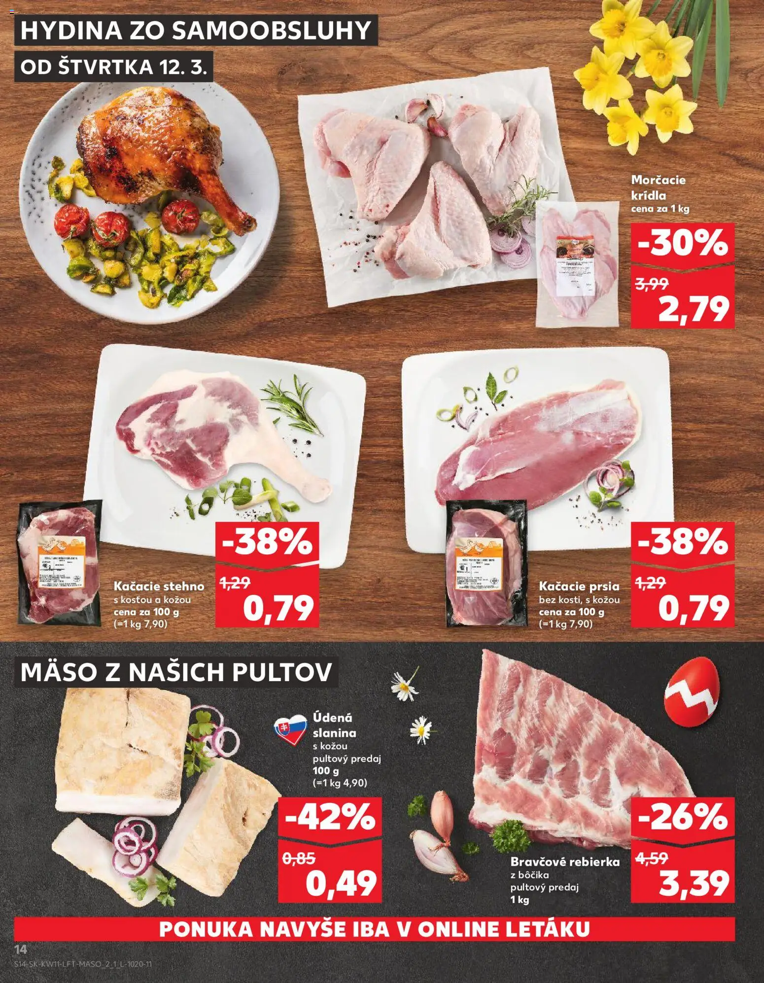 Nové Kaufland akcie – leták je platný od 12.03.2026 | Strana: 14 | Produkty: Kačacie prsia, Slanina