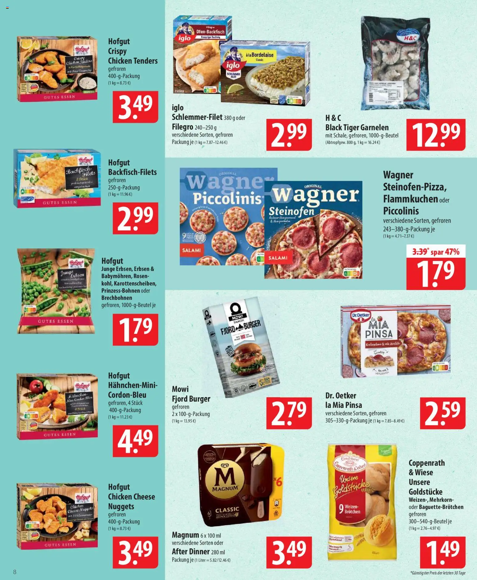 Famila Prospekt 	 – gültig ab 09.03.2026 | Seite: 8 | Produkte: Garnelen, Salami, Erbsen, Iglo schlemmerfilet