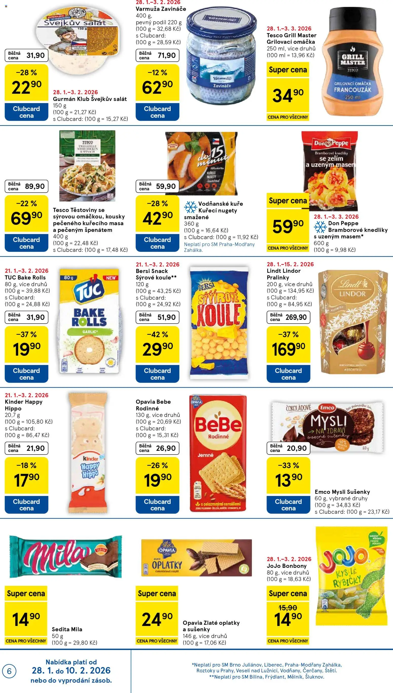 Tesco leták - Supermarket od 28.01.2026 | Strana: 6 | Produkty: Lindor, JOJO bonbóny, Mila, Sušenky