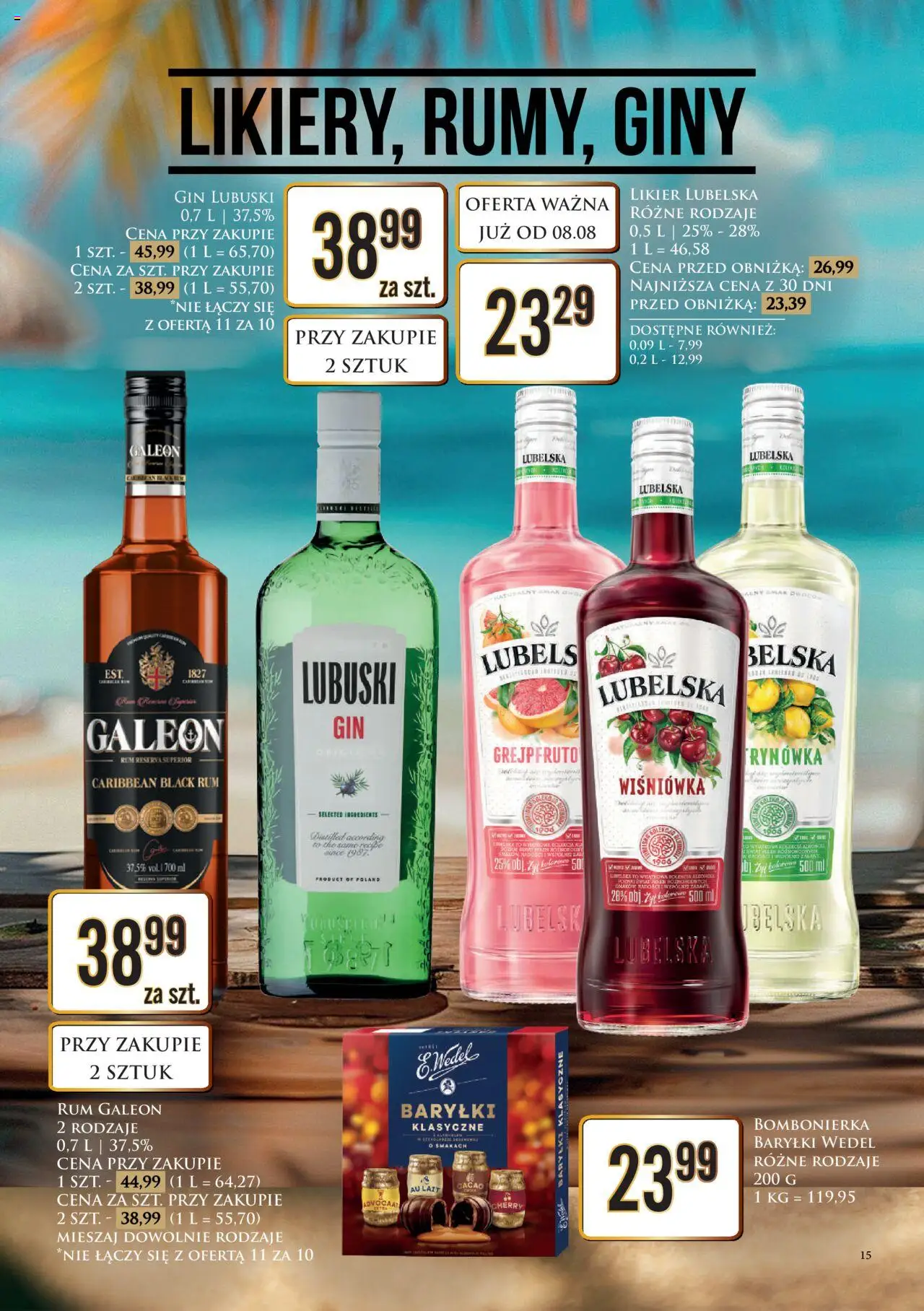 Dino Gazetka alkoholowa od 11.08.2025 | Strona: 15 | Produkty: Gin Lubuski, Bombonierka, Baryłki wedel, Rum