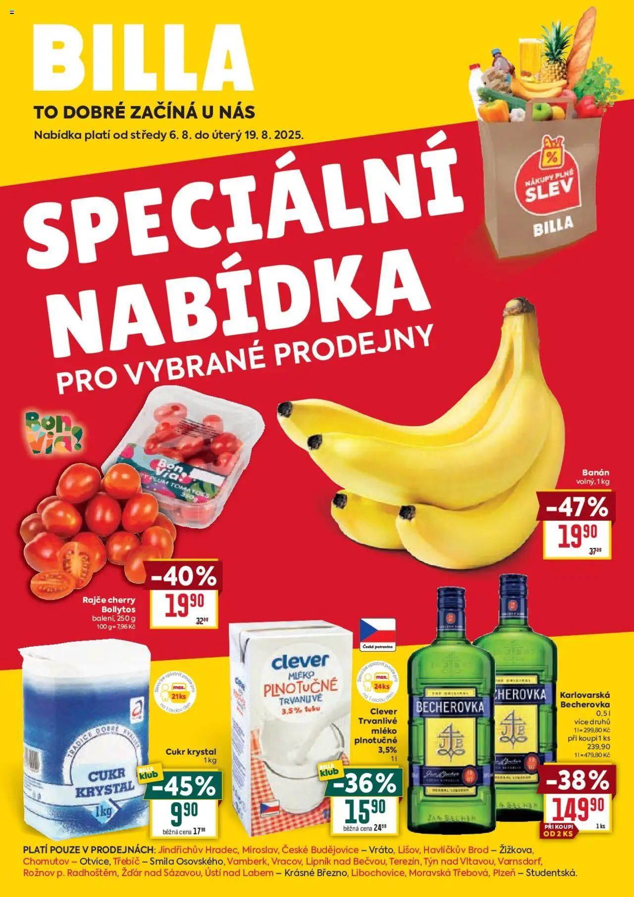 Billa leták - Speciální nabídka: vybrané prodejny od 06.08.2025 | Strana: 1 | Produkty: Mléko, Banán, Becherovka, Clever