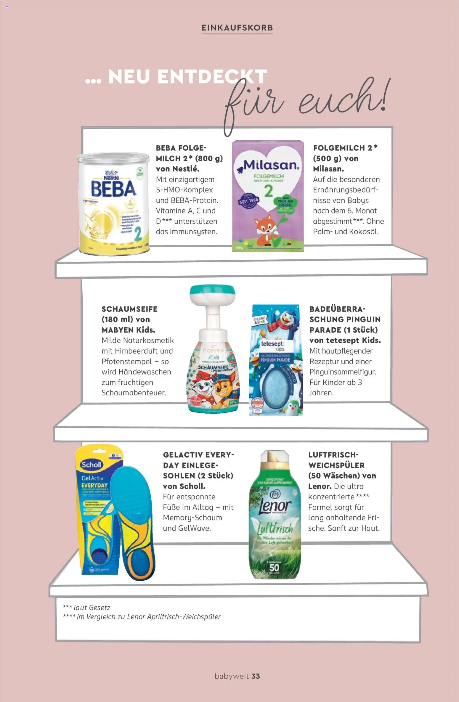 Rossmann babywelt Elternmagazin – gültig ab 11.12.2025 | Seite: 33 | Produkte: Lenor, Milch, Weichspüler