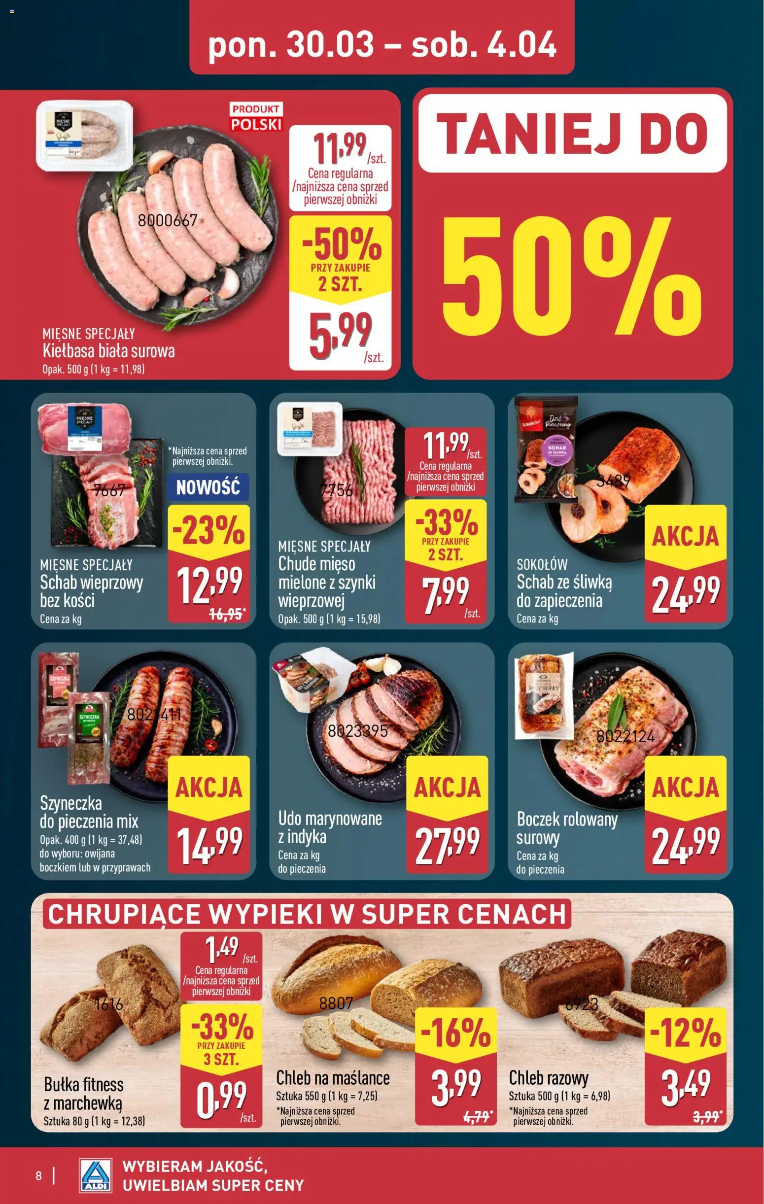 Aldi gazetka od 30.03.2026 | Strona: 8 | Produkty: Mięso, Schab wieprzowy, Bułka fitness, Marchewka