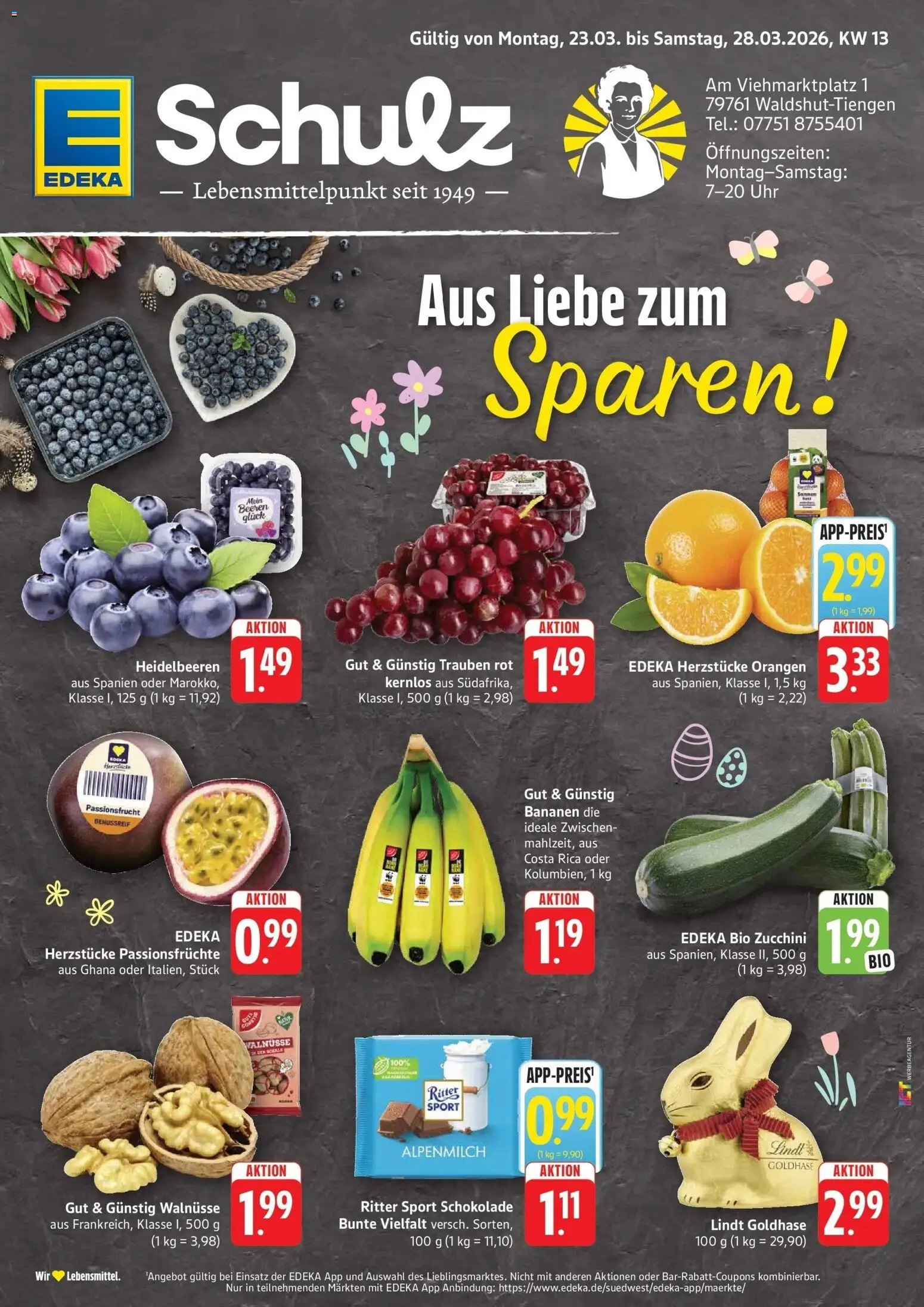 Edeka prospekt Waldshut-Tiengen	 – gültig ab 23.03.2026 | Seite: 1 | Produkte: Ritter sport, Bananen, Lindt, Uhr