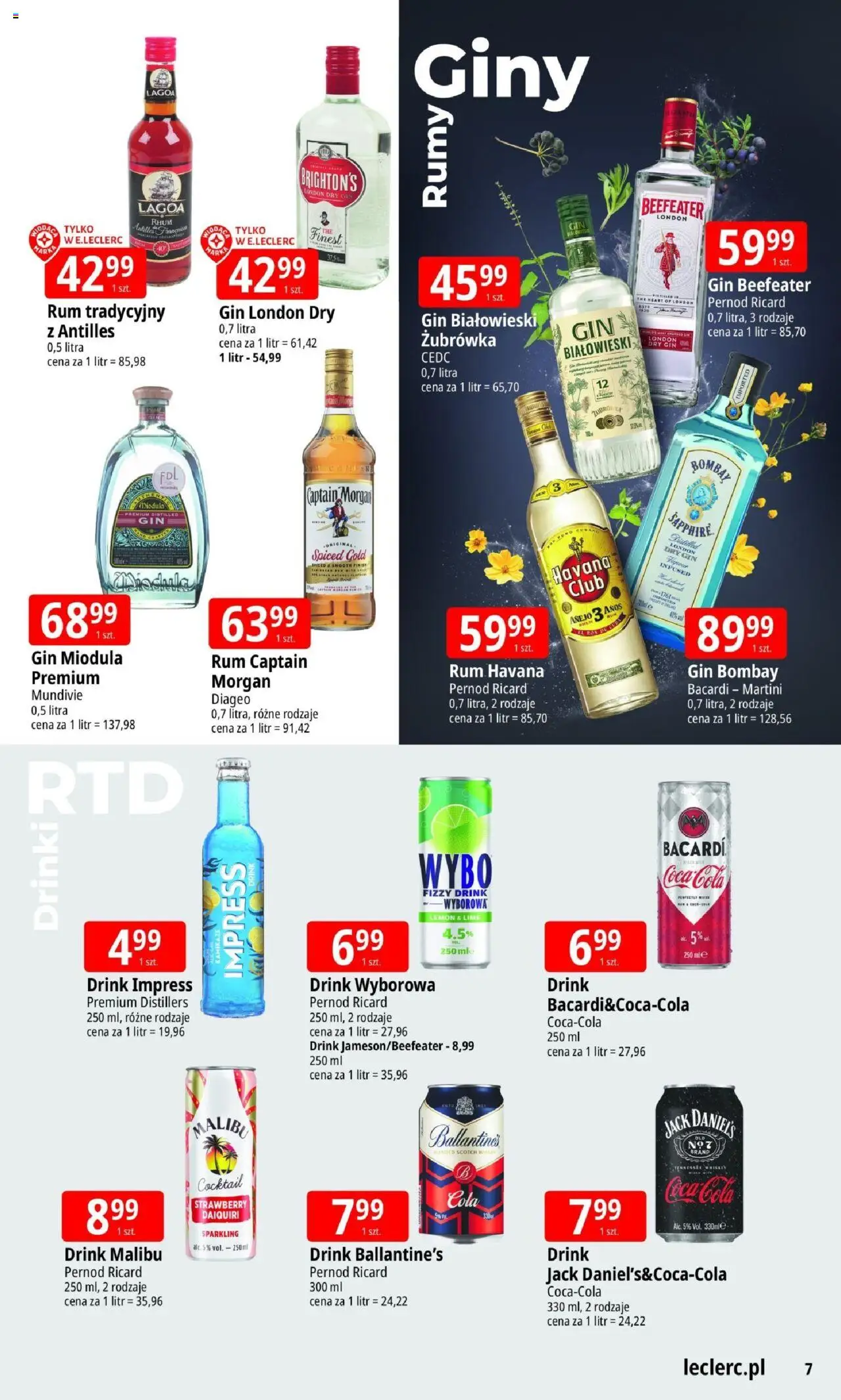 E.Leclerc Gazetka - Elbląg Alkohole od 10.06.2025 | Strona: 7 | Produkty: Gin Bombay, Martini, Coca cola, Captain Morgan