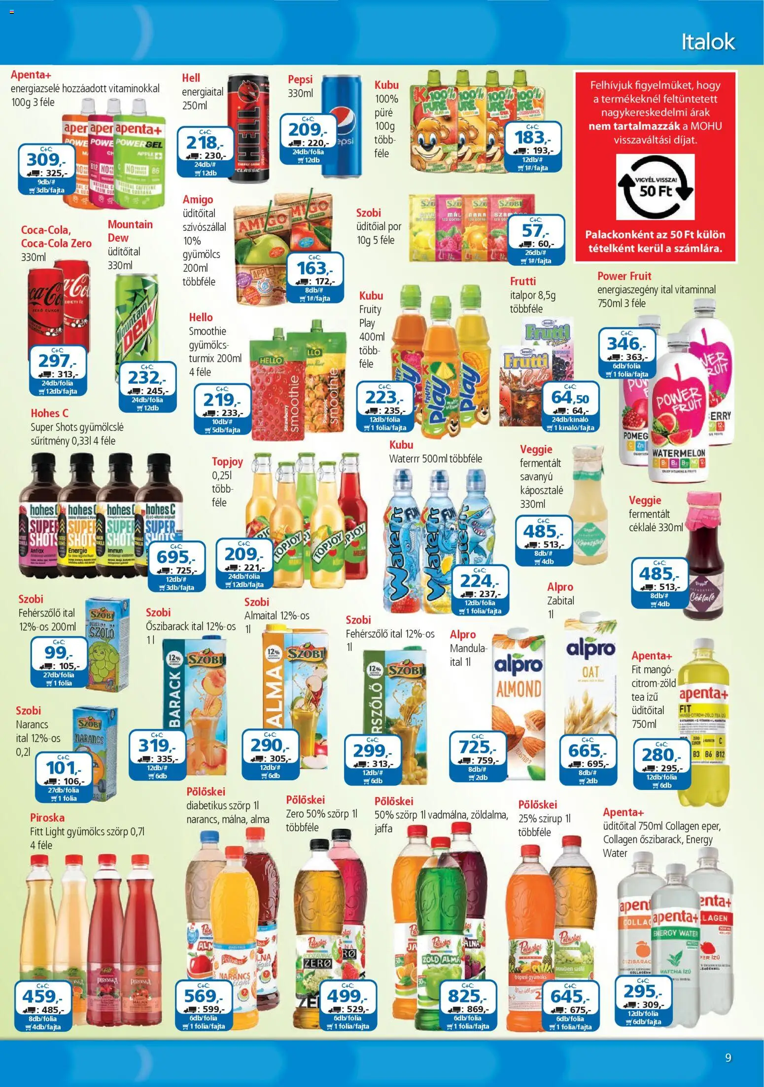 ÁRKLUB akciós ujság - amely érvényes a következő dátumtól: 01.02.2026 | Oldal: 9 | Termékek: Őszibarack, Pepsi, Hohes c, Italpor