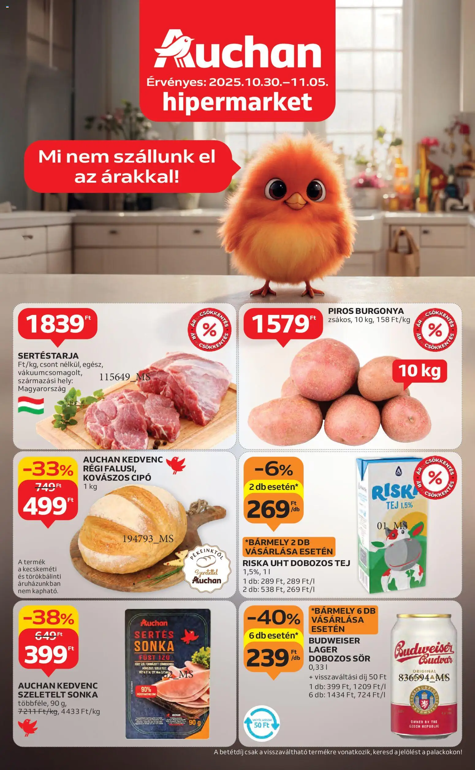 Auchan akciós ujság - amely érvényes a következő dátumtól: 30.10.2025 | Oldal: 1 | Termékek: Kovászos cipó, Burgonya, Sonka, Tej