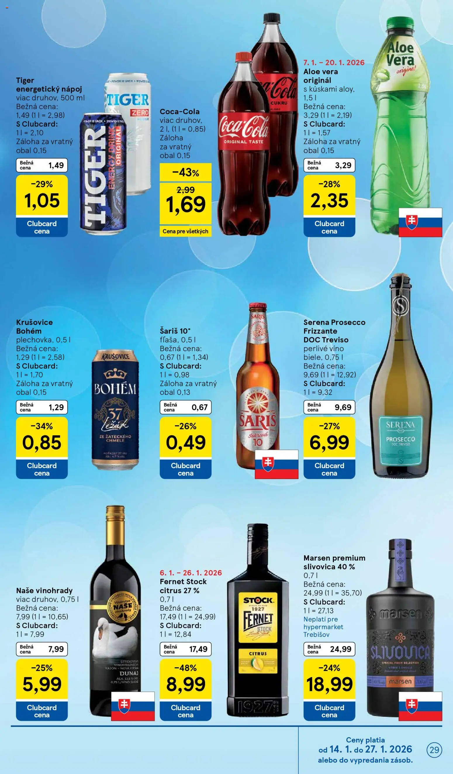 Nové Tesco akcie – leták je platný od 14.01.2026 | Strana: 29 | Produkty: Šariš, Slivovica, Perlivé víno, Energetický nápoj