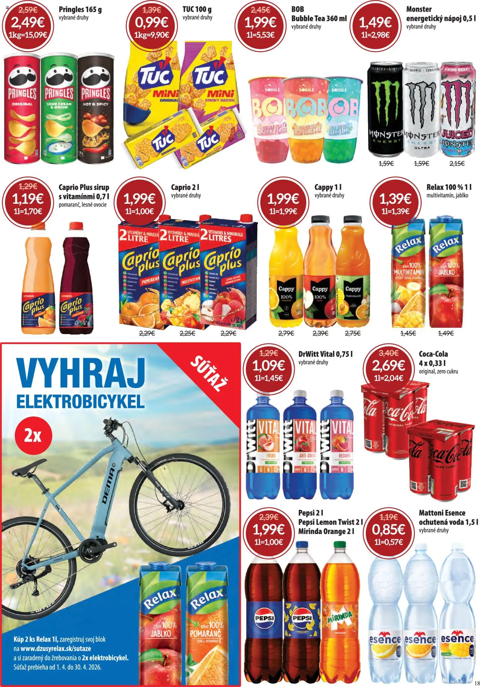 Nové Nitrazdroj akcie – leták je platný od 01.04.2026 | Strana: 18 | Produkty: Elektrobicykel, Džús, Energetický nápoj, Ovocie