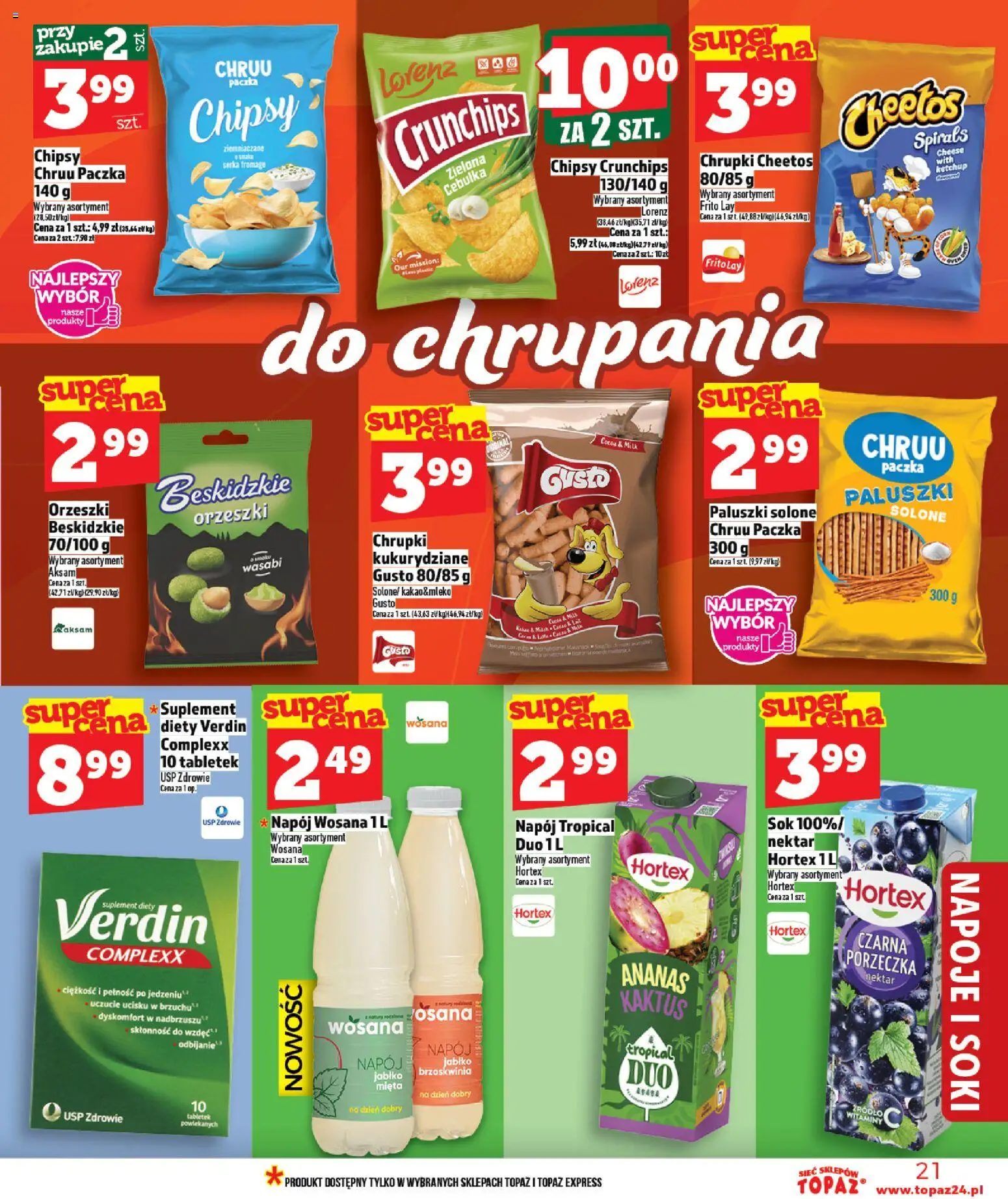 Topaz gazetka od 09.04.2026 | Strona: 21 | Produkty: Chipsy, Napoje, Soki, Sok