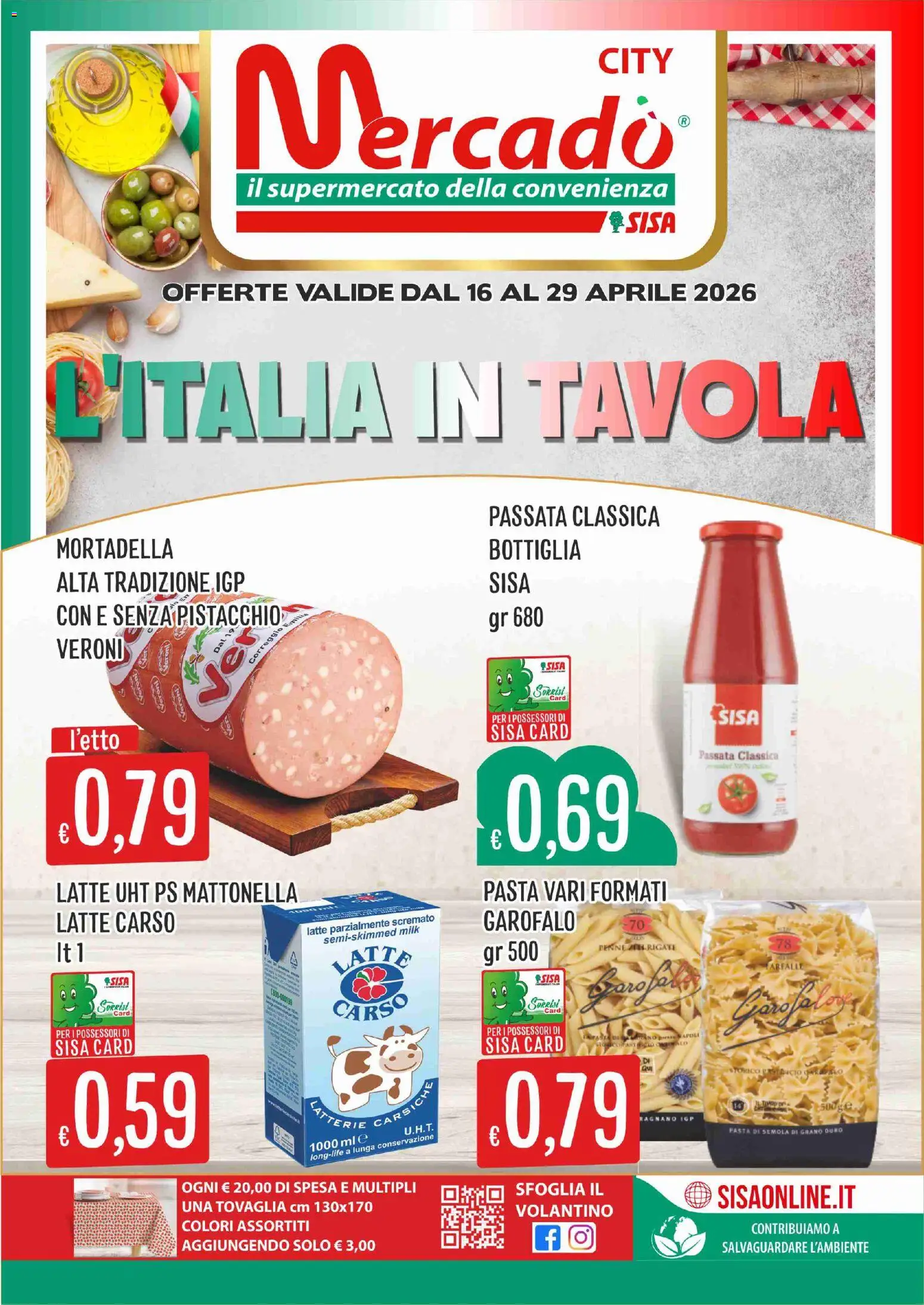 Volantino SISA del 16.04.2026 | Pagina: 1 | Prodotti: Latte, Pasta, Mortadella, Tovaglia