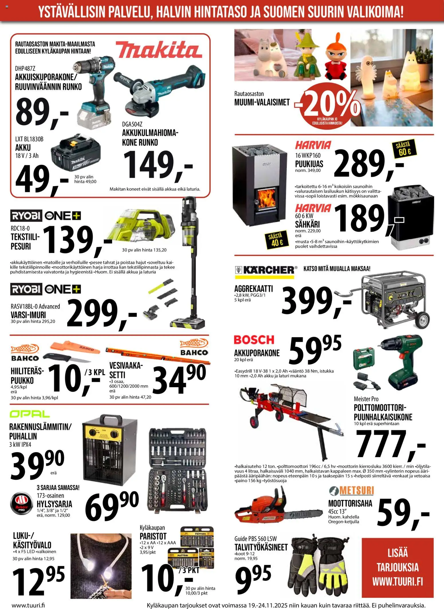 Tuuri tarjoukset – voimassa 19.11.2025 alkaen | Sivu: 9 | Tuotteet: Puukko, Harja, Moottorisaha, Paristot
