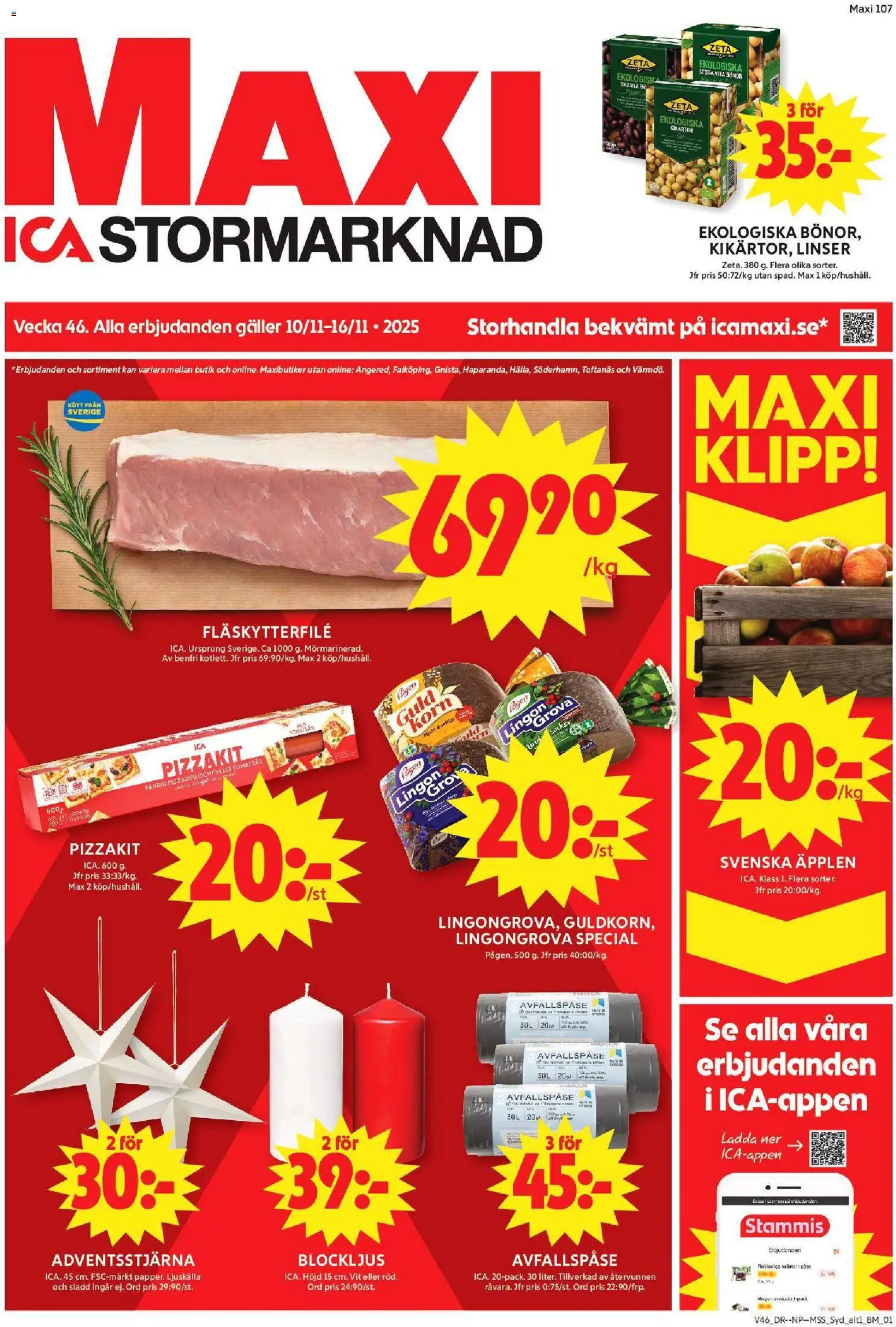 ICA Maxi reklamblad aktuell från 10.11.2025 | Sida: 1 | Produkter: Linser, Lingongrova, Galler, Sladd