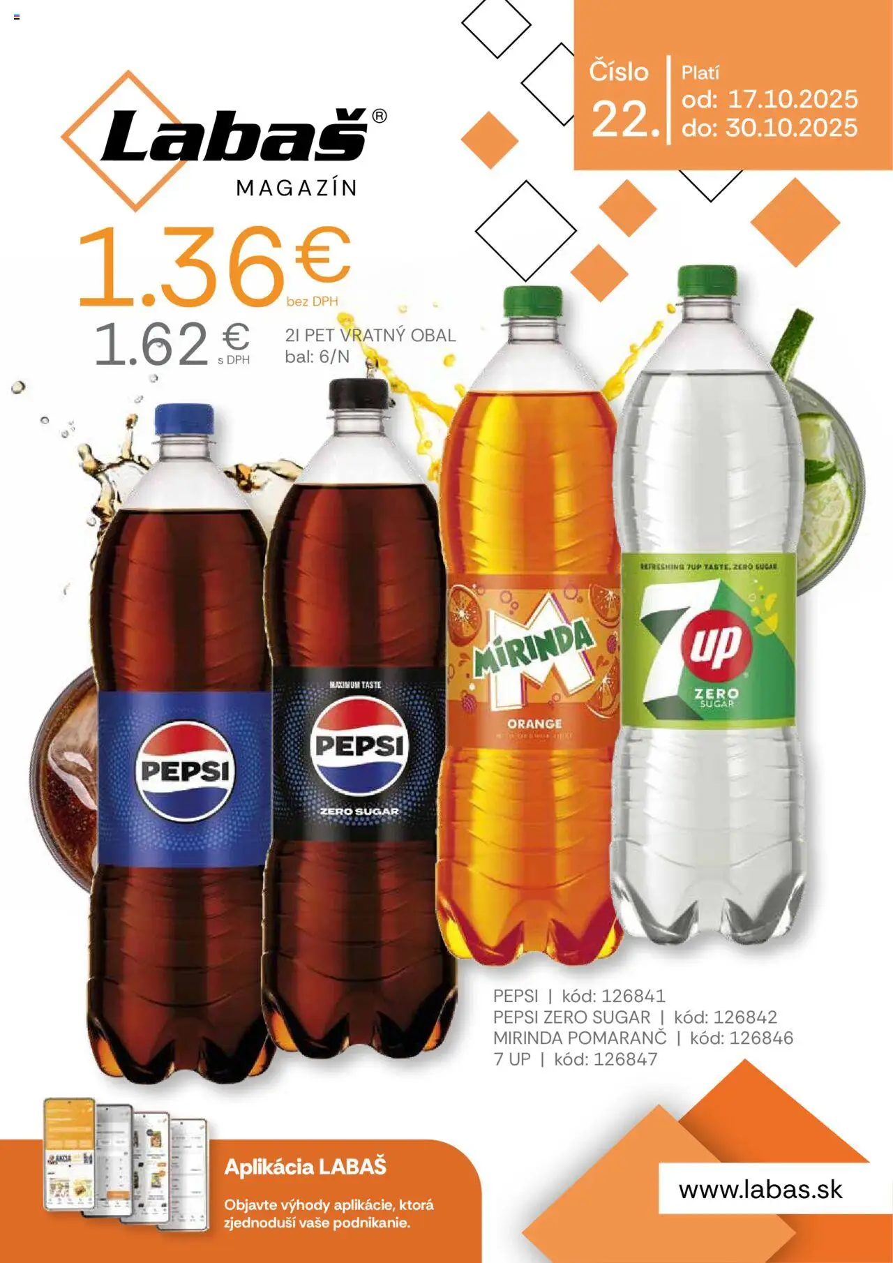 Nové Labaš akcie – leták je platný od 17.10.2025 | Strana: 1 | Produkty: Pepsi, Mirinda