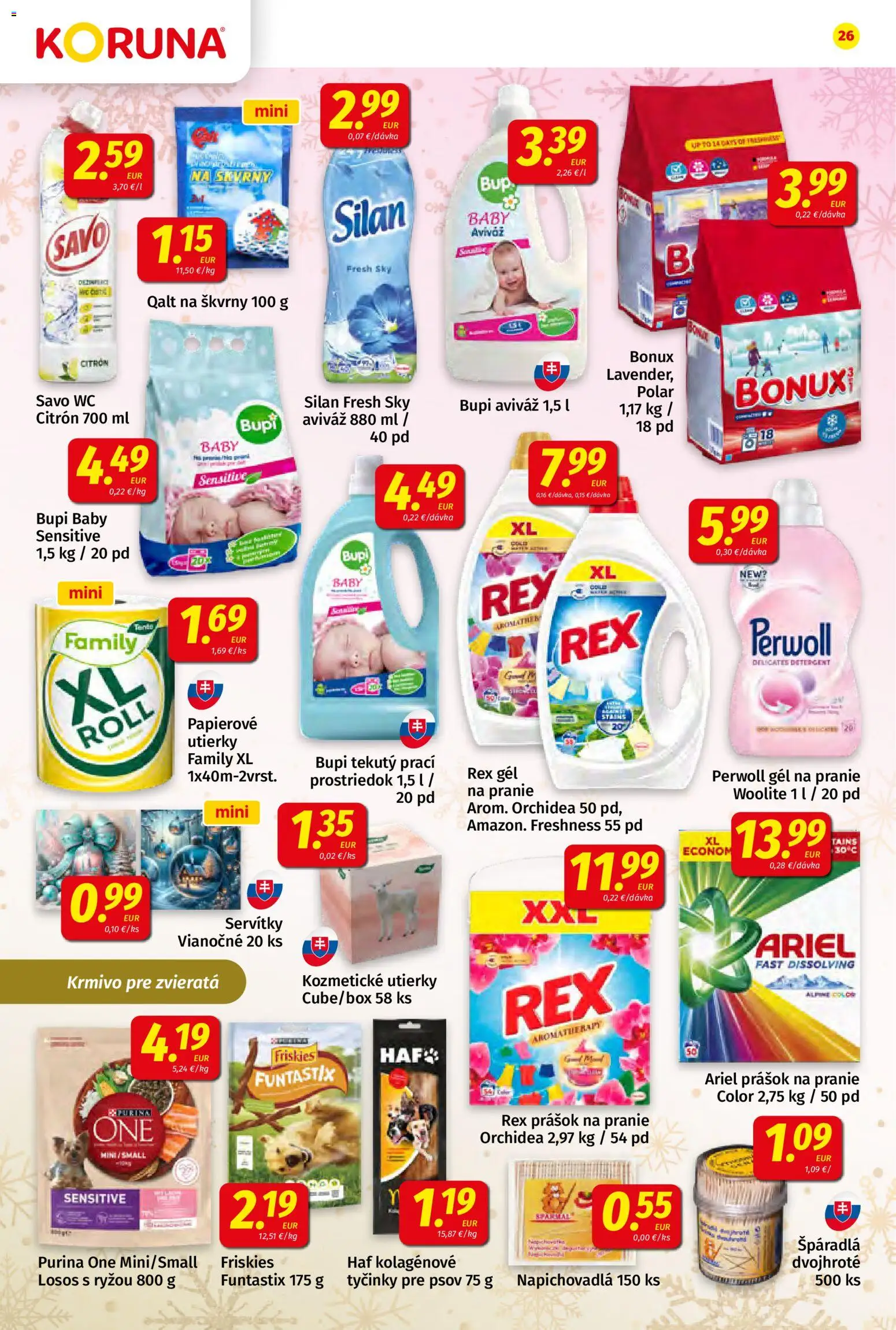 Nové Koruna akcie – leták je platný od 19.12.2025 | Strana: 26 | Produkty: Perwoll, Wc, Silan, Woolite