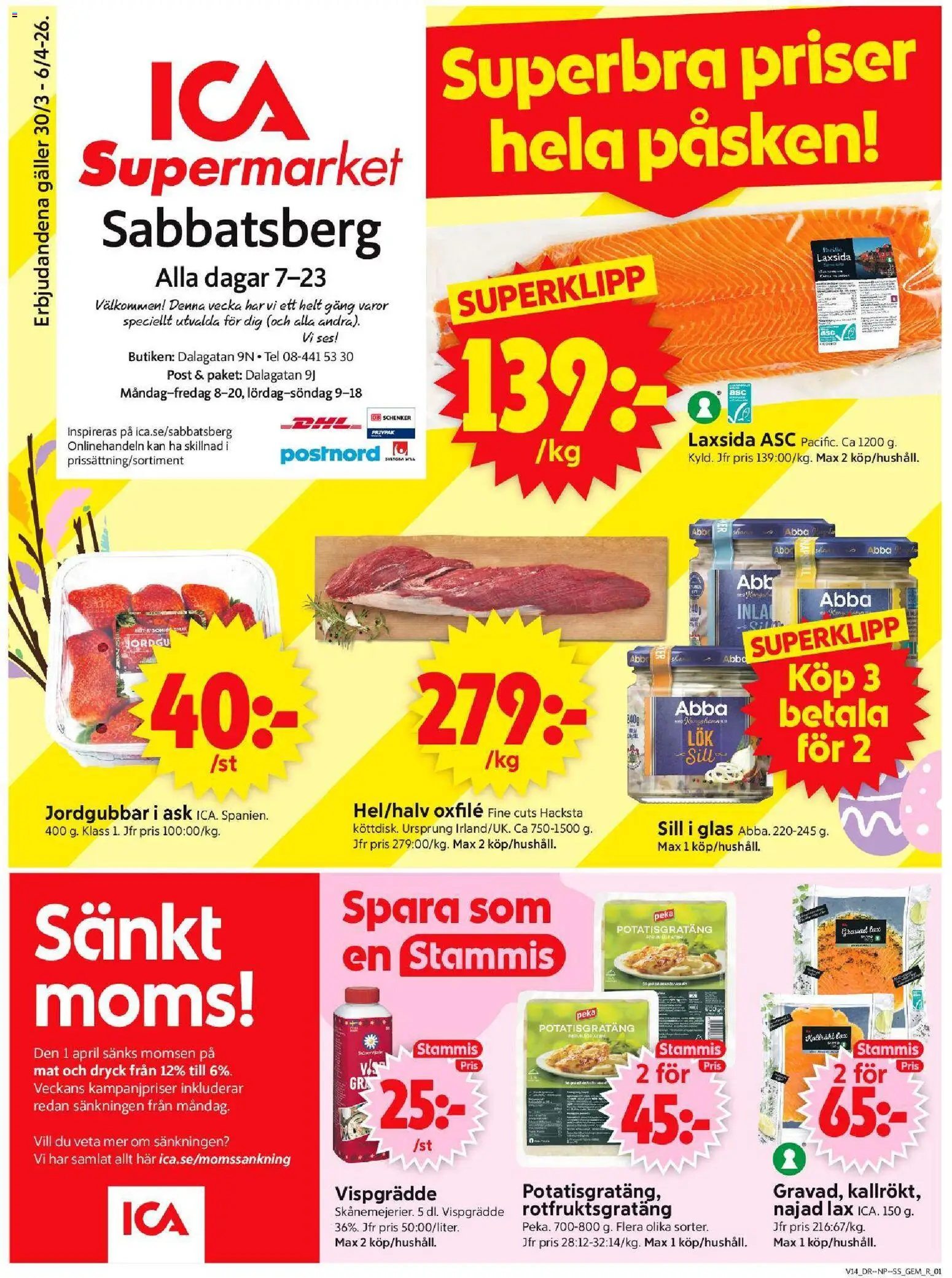 ICA Supermarket reklamblad aktuell från 30.03.2026 | Sida: 1 | Produkter: Gem, Galler, Potatisgratäng, Lax