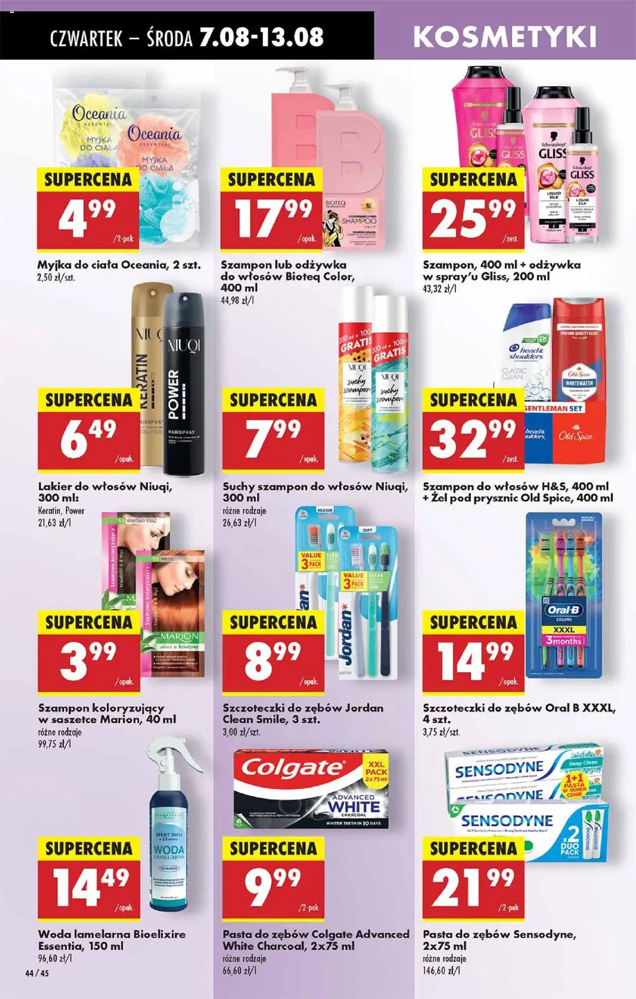 Biedronka gazetka - Oferta W tym tygodniu od 07.08.2025 | Strona: 44 | Produkty: Kosmetyki, Prysznic, Lakier do włosów, Pasta do zębów