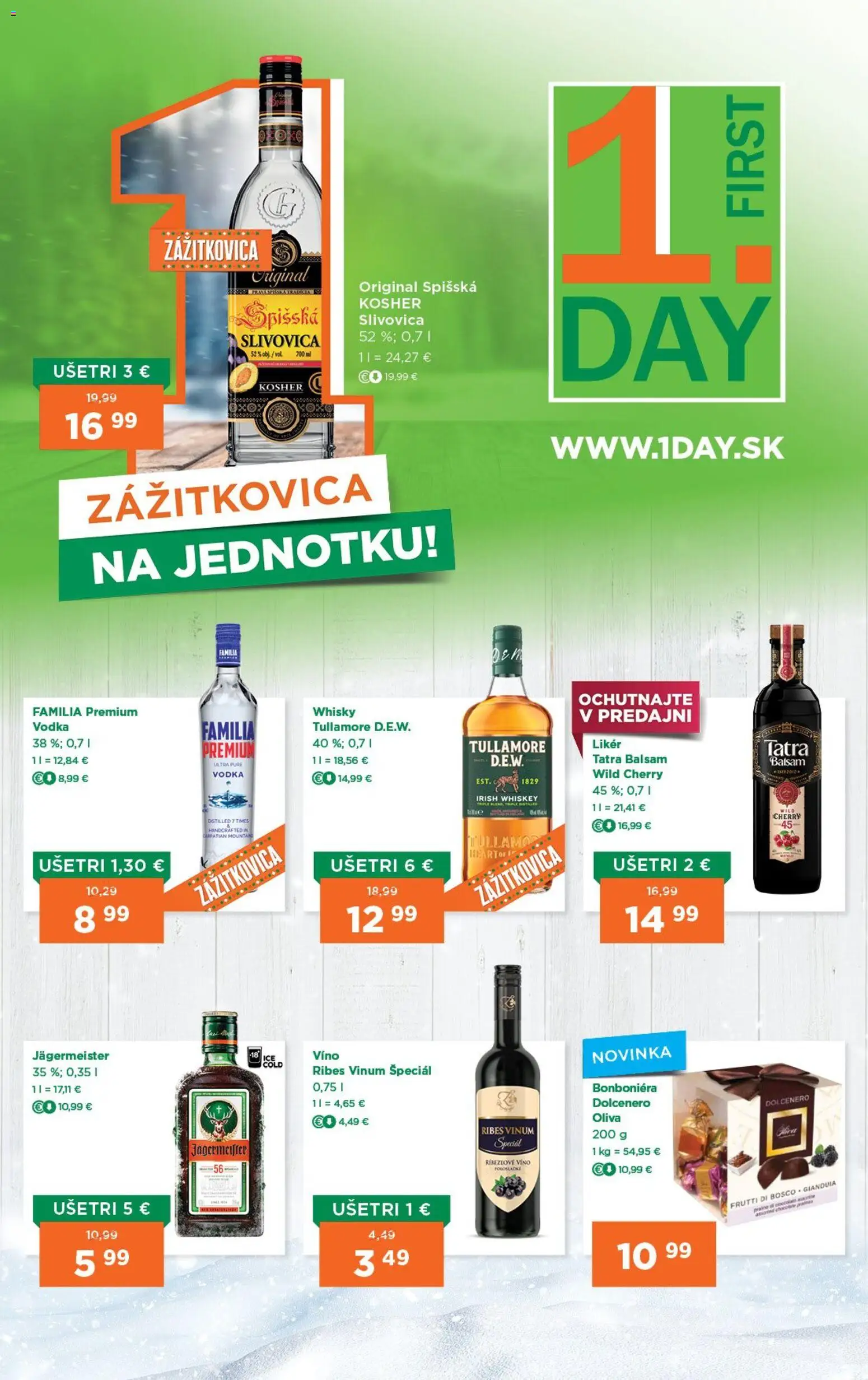 Nové 1day akcie – leták je platný od 04.12.2025 | Strana: 1 | Produkty: Jägermeister, Víno, Slivovica, Vodka
