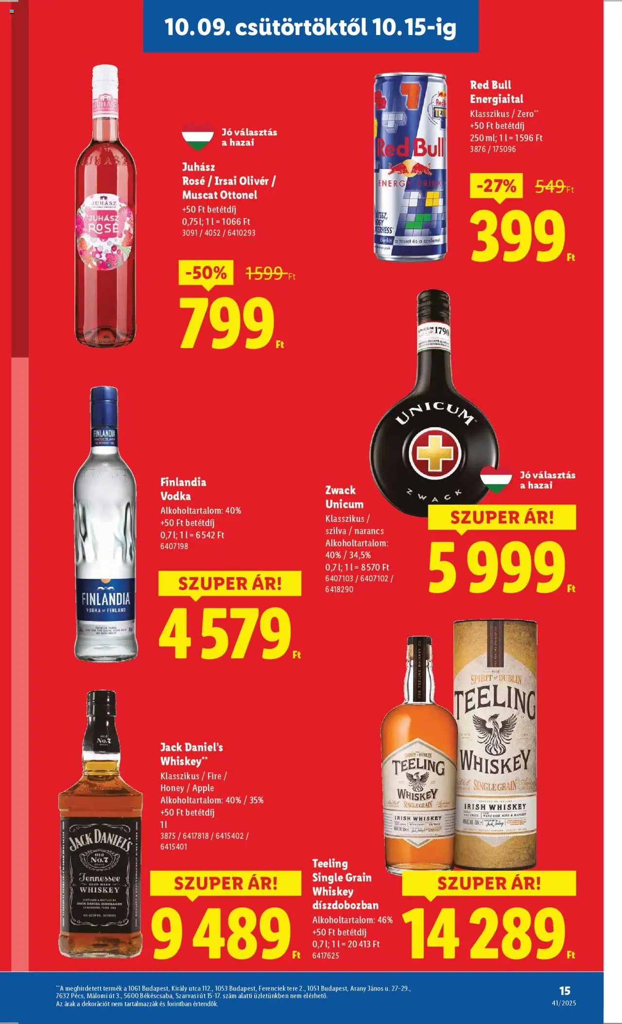 Lidl akciós ujság - amely érvényes a következő dátumtól: 09.10.2025 | Oldal: 15 | Termékek: Red bull, Irish whiskey, Vodka, Só