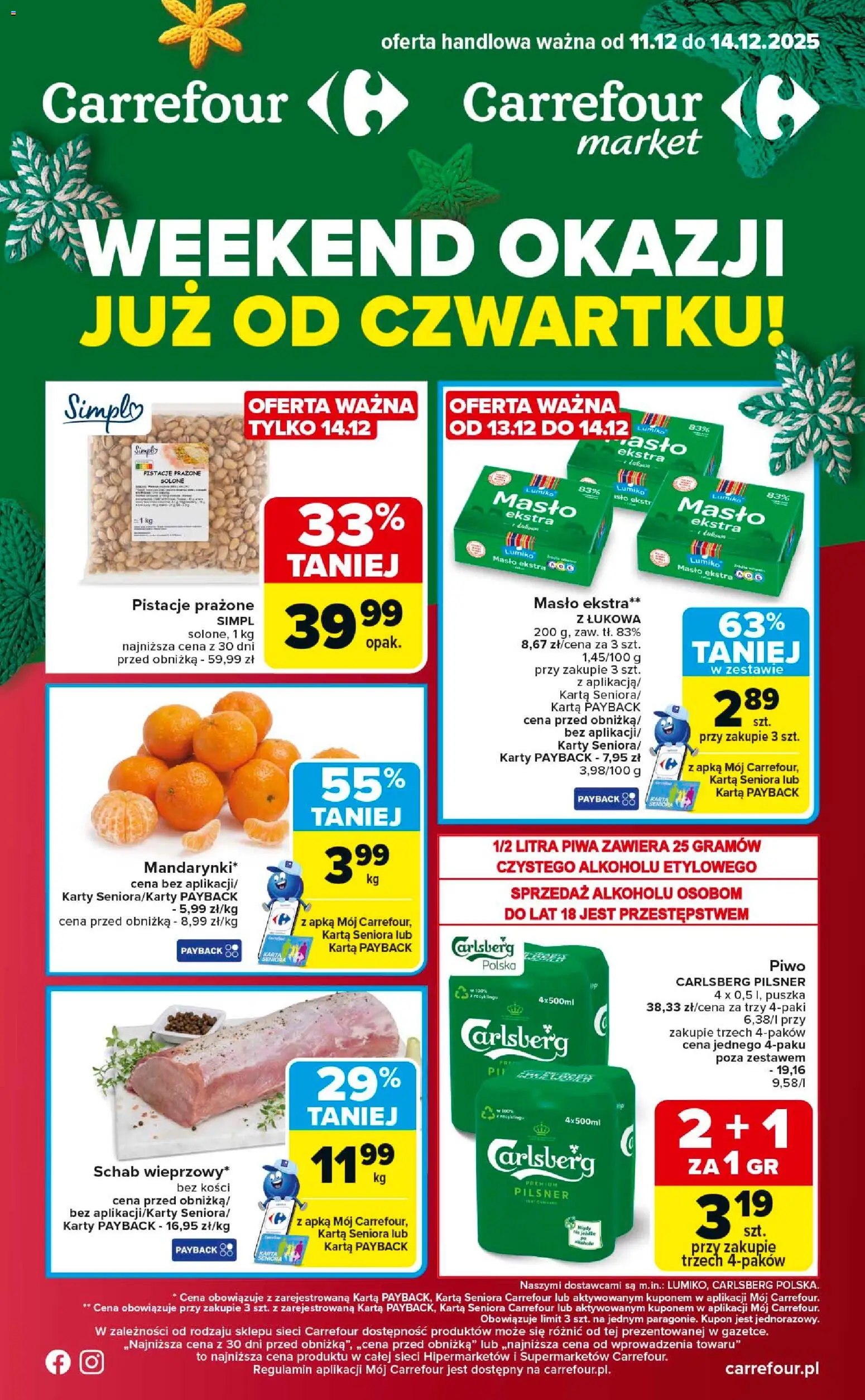Carrefour Gazetka - Weekend okazji już od czwartku od 11.12.2025 | Strona: 1 | Produkty: Karta, Schab, Masło, Piwo