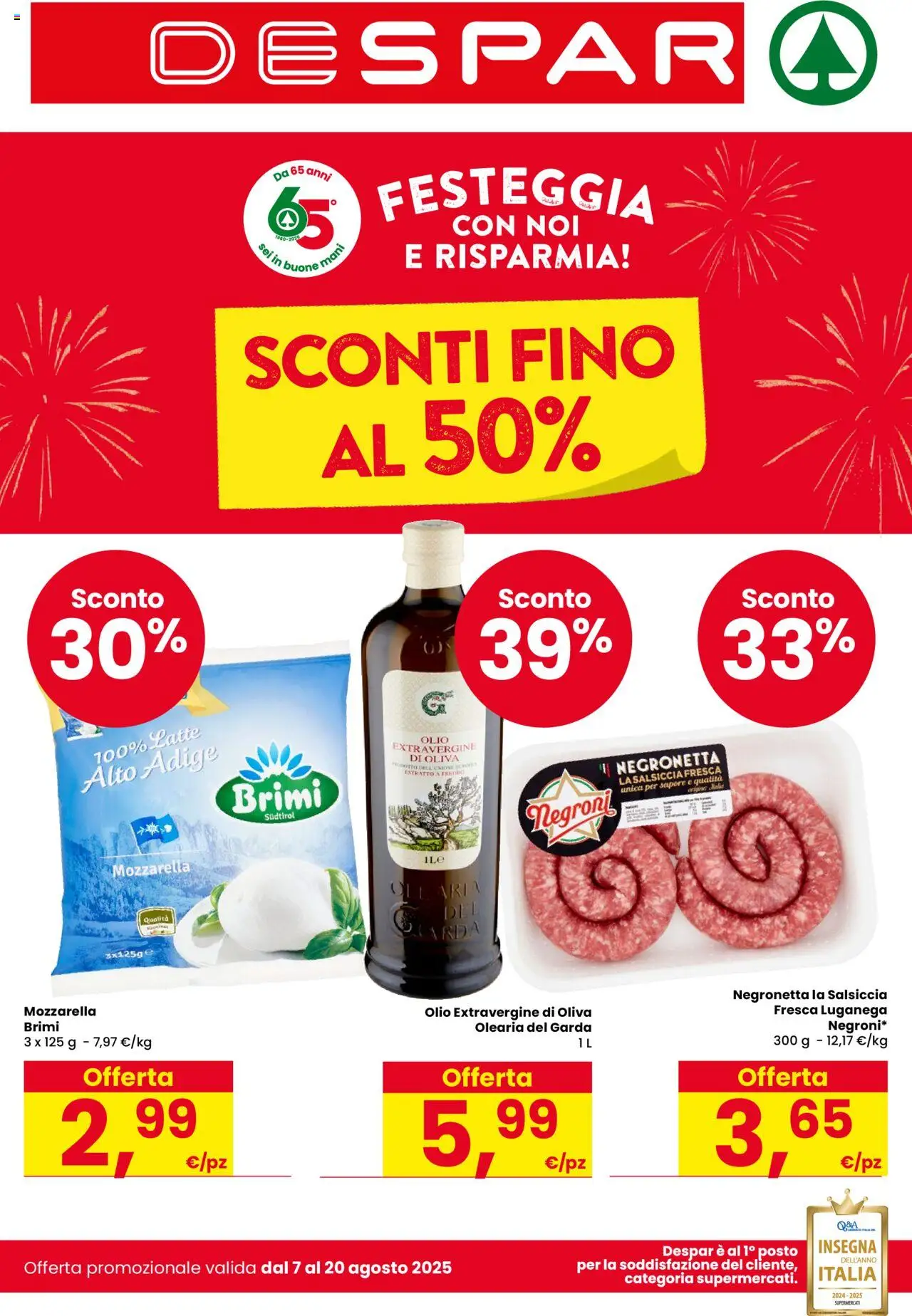 Volantino Despar del 07.08.2025 | Pagina: 1 | Prodotti: Mozzarella, Latte, Olio, Salsiccia