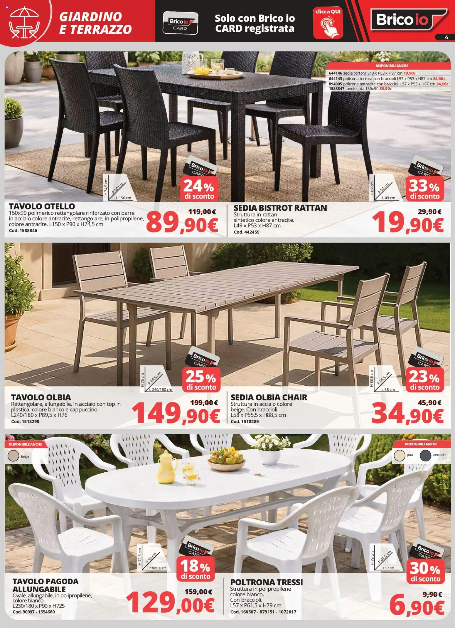 Volantino Brico io del 02.04.2026 | Pagina: 4 | Prodotti: Braccioli, Poltrona, Tavolo, Sedia