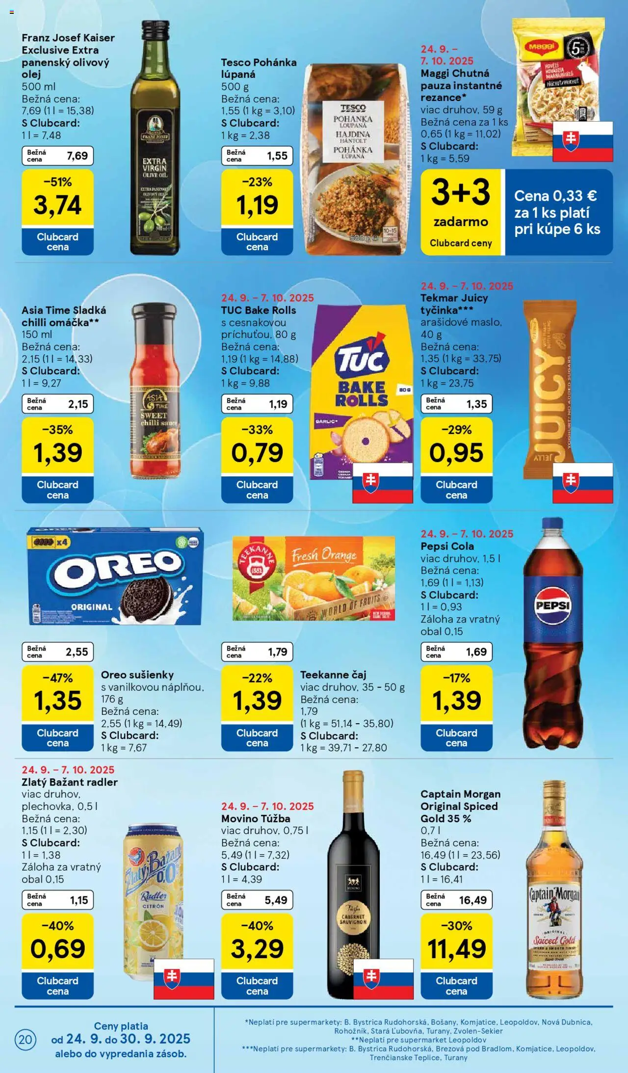 Nové Tesco akcie – leták je platný od 24.09.2025 | Strana: 20 | Produkty: Olivový olej, Pepsi, Omáčka, Rum