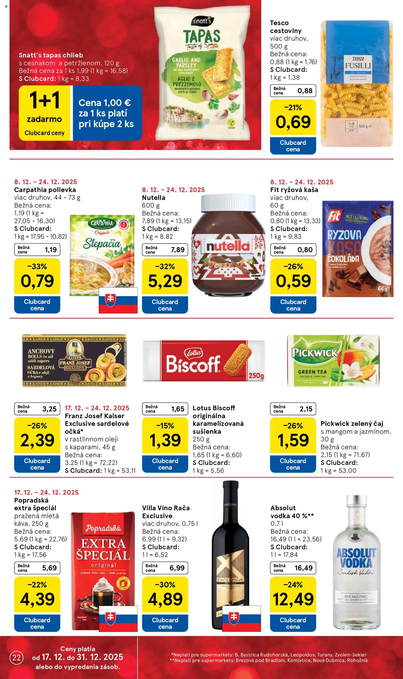 Nové Tesco akcie – leták je platný od 17.12.2025 | Strana: 22 | Produkty: Fusilli, Víno, Čaj, Čokoláda