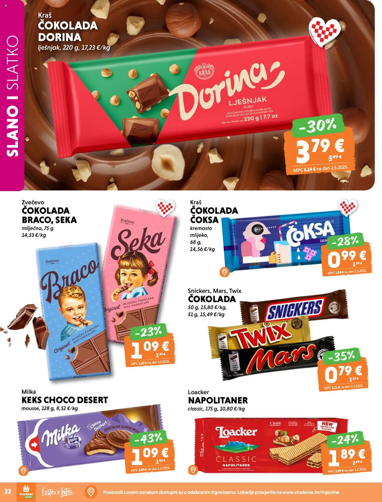 Studenac katalog | vrijedi od 22.04.2026 | Stranica: 22 | Proizvodi: Snickers, Keks, Lješnjak, Milka