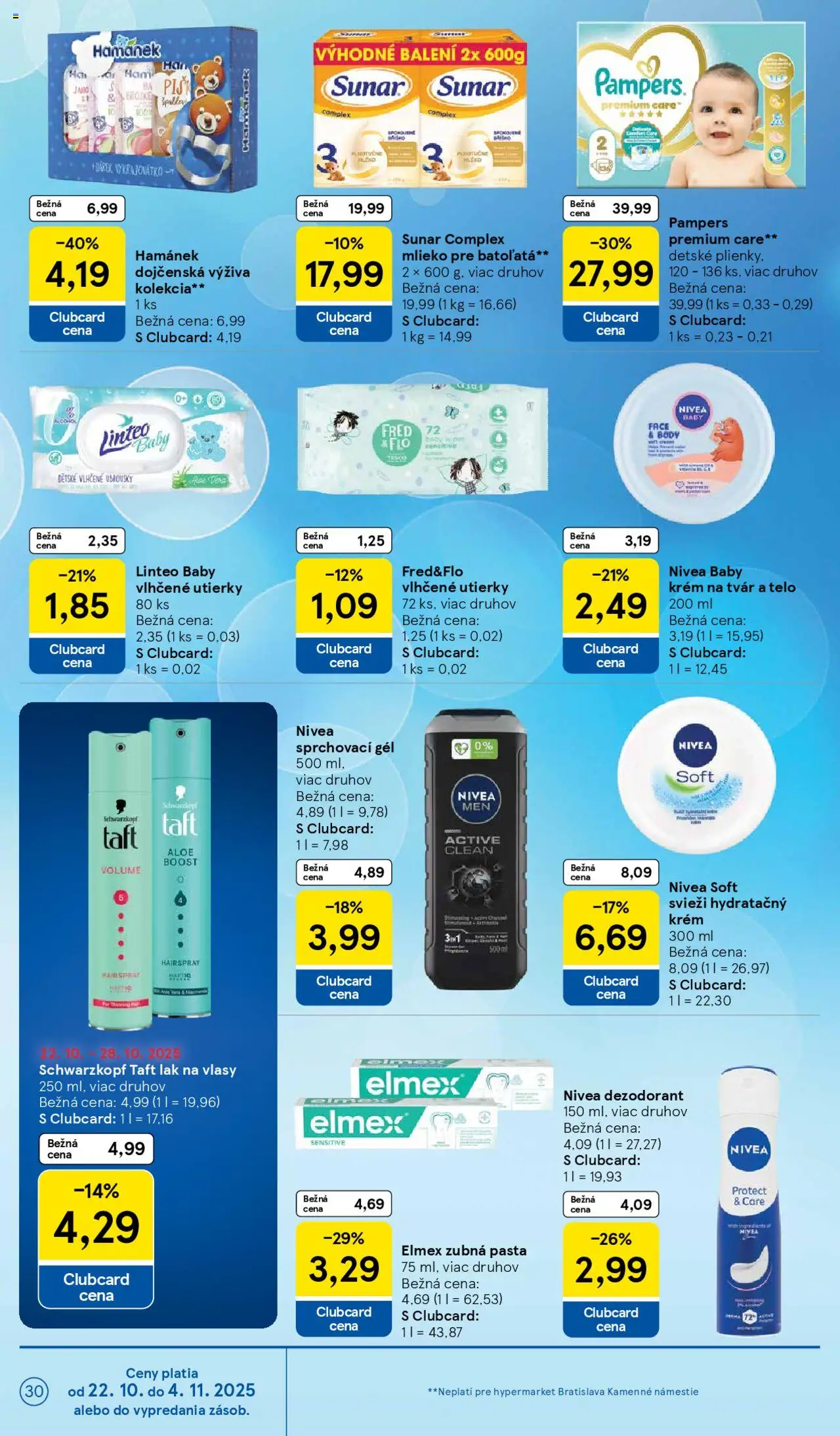 Nové Tesco akcie – leták je platný od 22.10.2025 | Strana: 30 | Produkty: Mlieko, Sunar, Zubná pasta, Krém