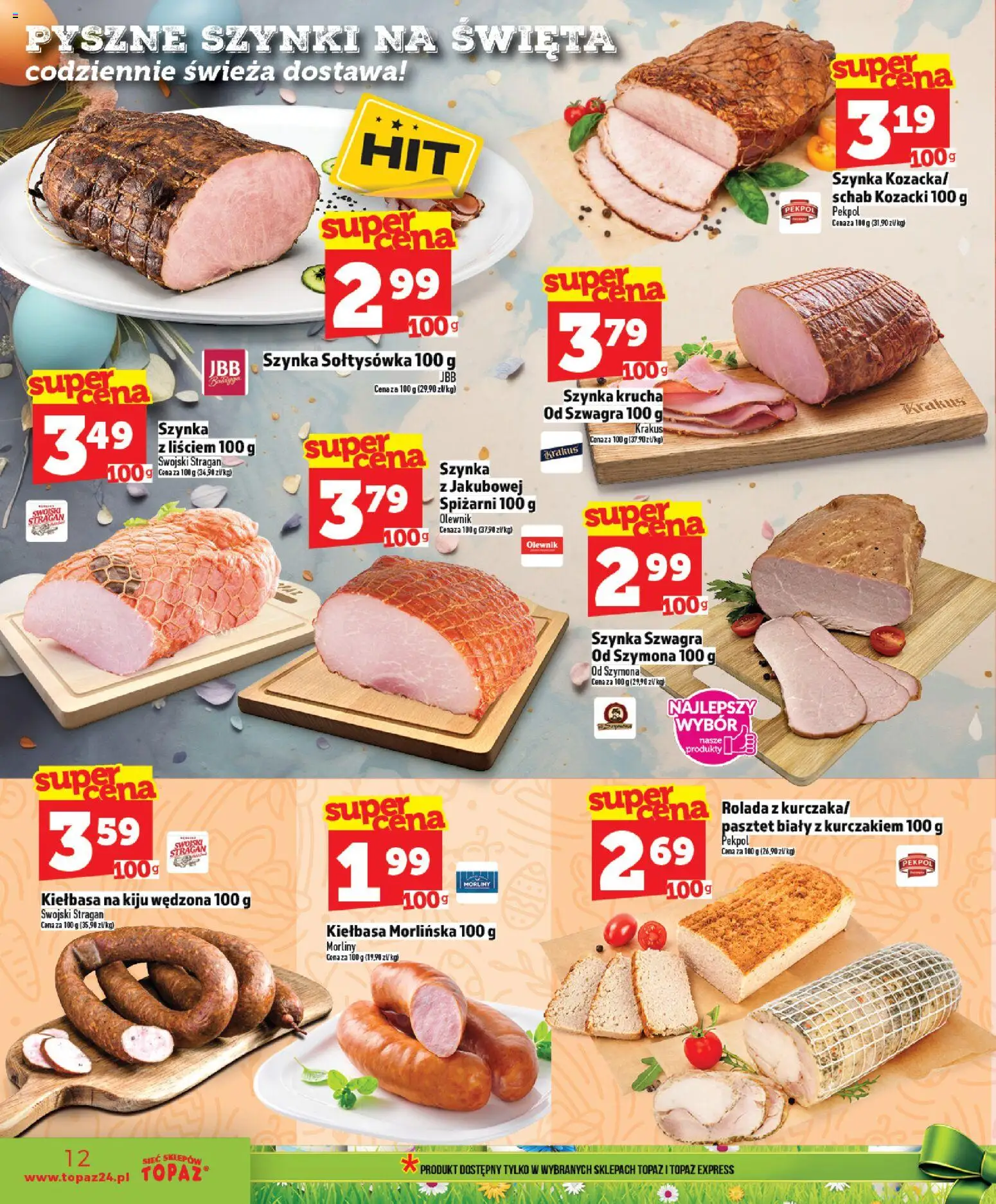 Topaz gazetka - MAZ od 26.03.2026 | Strona: 12 | Produkty: Kiełbasa, Schab, Rolada, Szynka