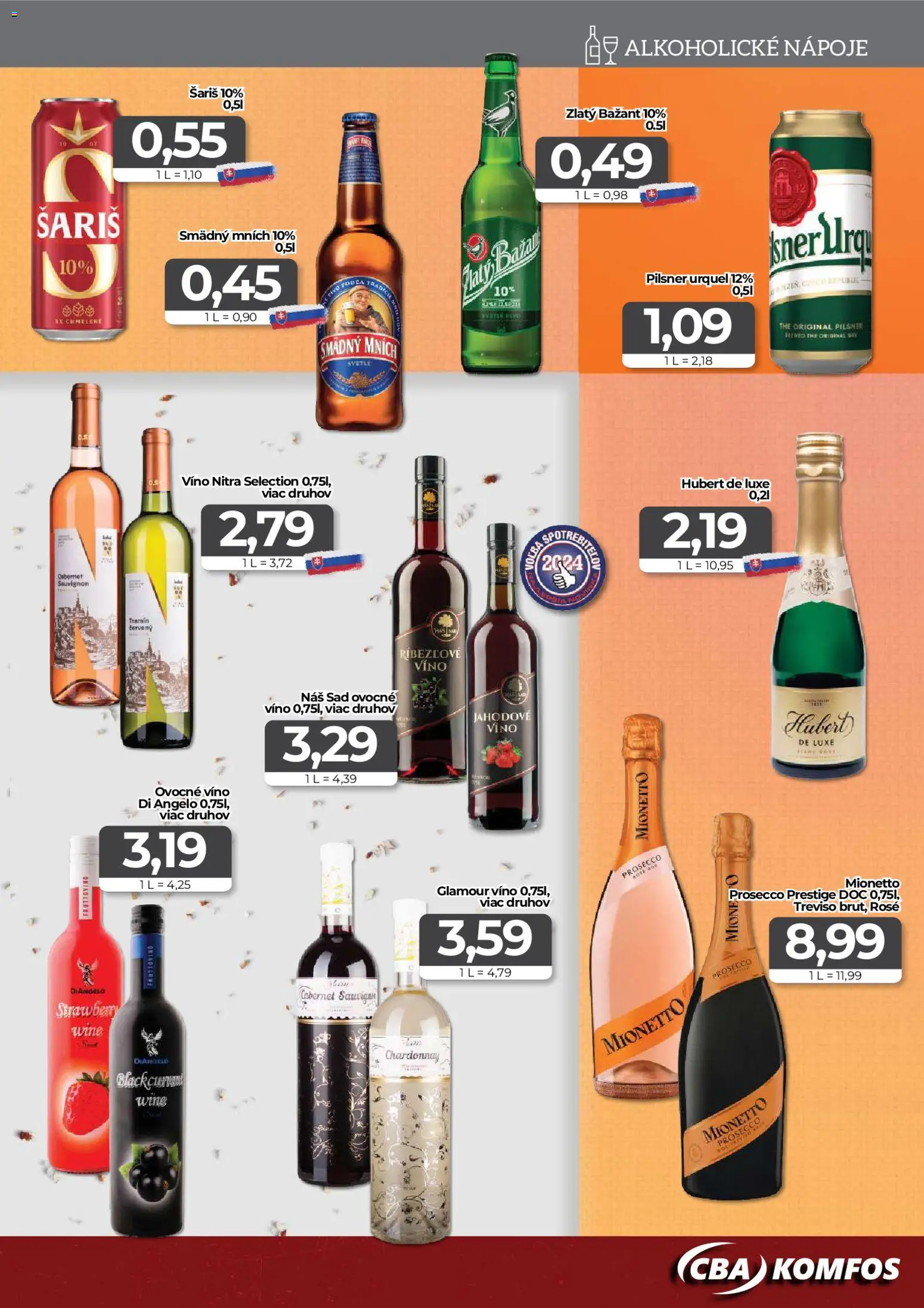 Nové CBA Komfos akcie – leták je platný od 24.04.2026 | Strana: 13 | Produkty: Prosecco, Šariš, Smädný Mních, Hubert de Luxe
