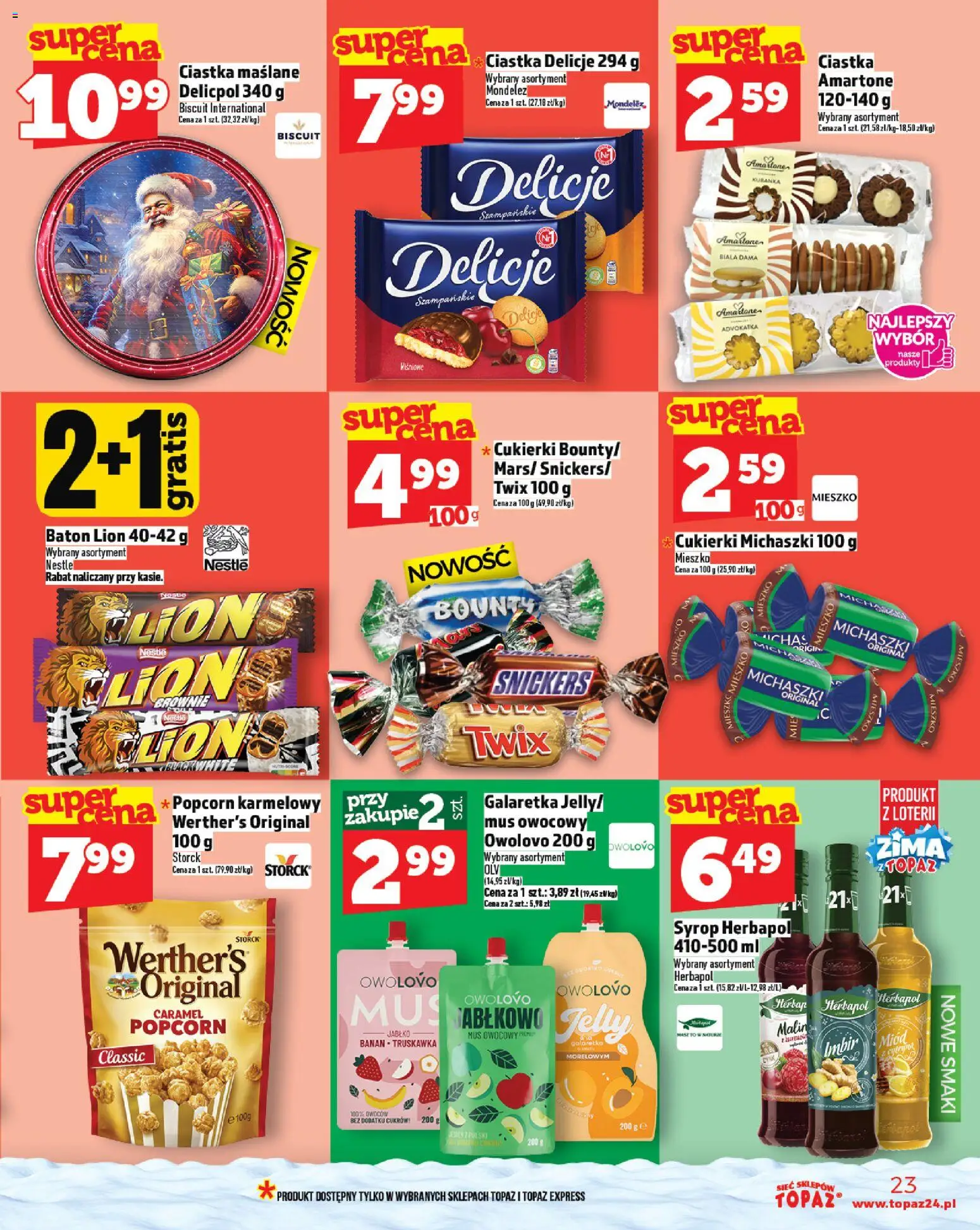 Topaz Gazetka MAZ od 27.11.2025 | Strona: 23 | Produkty: Galaretka, Banan, Cukierki, Ciastka