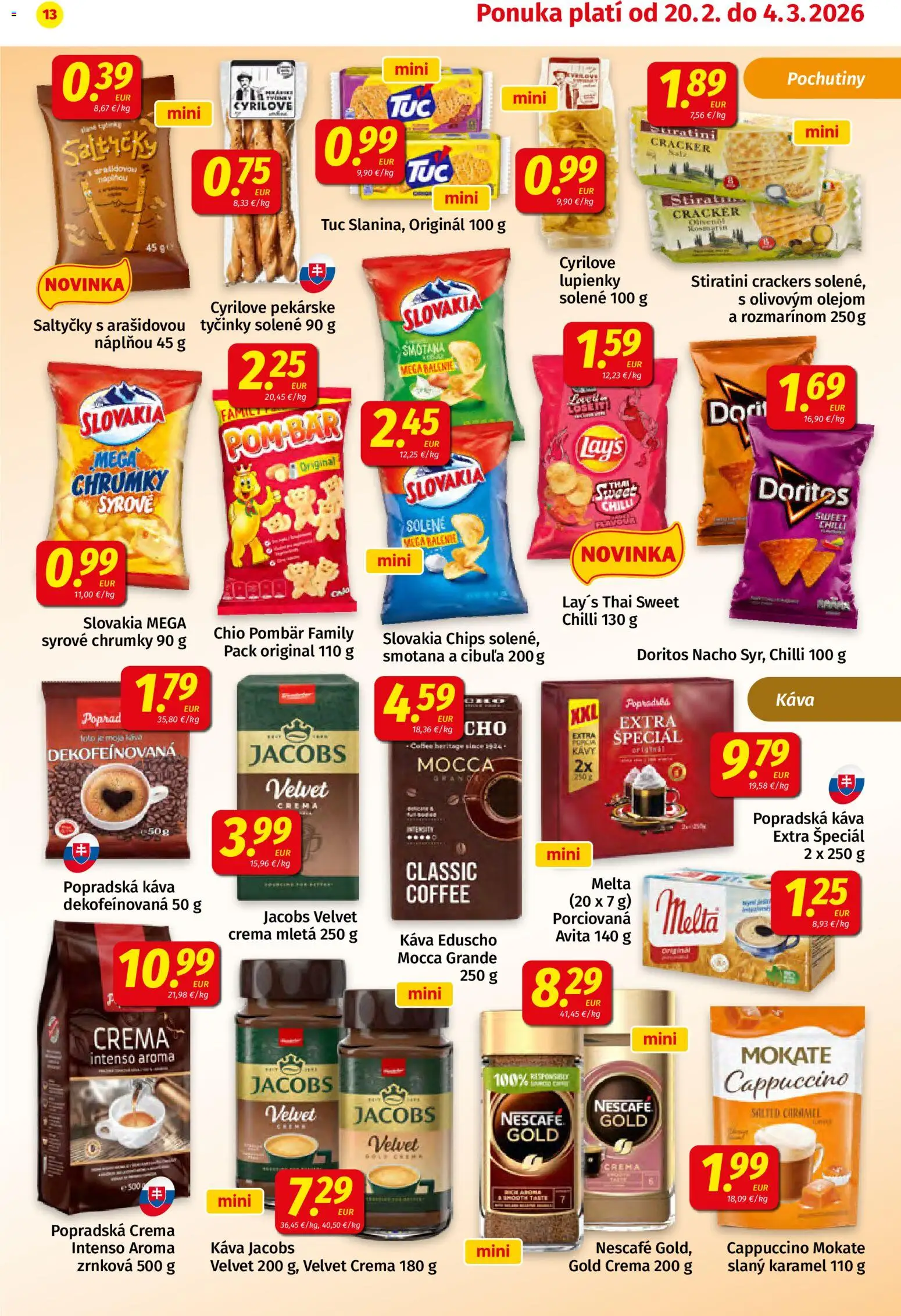 Nové Koruna akcie – leták je platný od 20.02.2026 | Strana: 13 | Produkty: Káva, Popradská káva, Cibuľa, Nescafé Gold