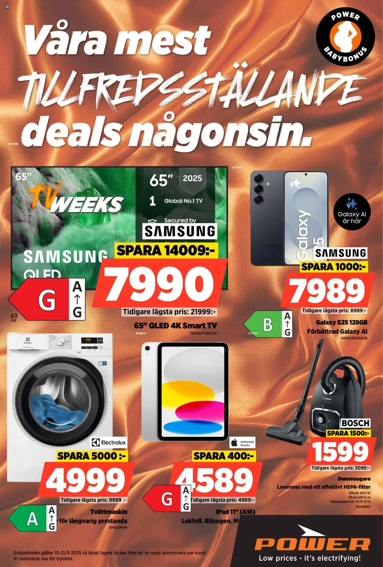 Power reklamblad aktuell från 15.09.2025 | Sida: 1 | Produkter: Galler, Smart tv, Tv, Tvättmaskin