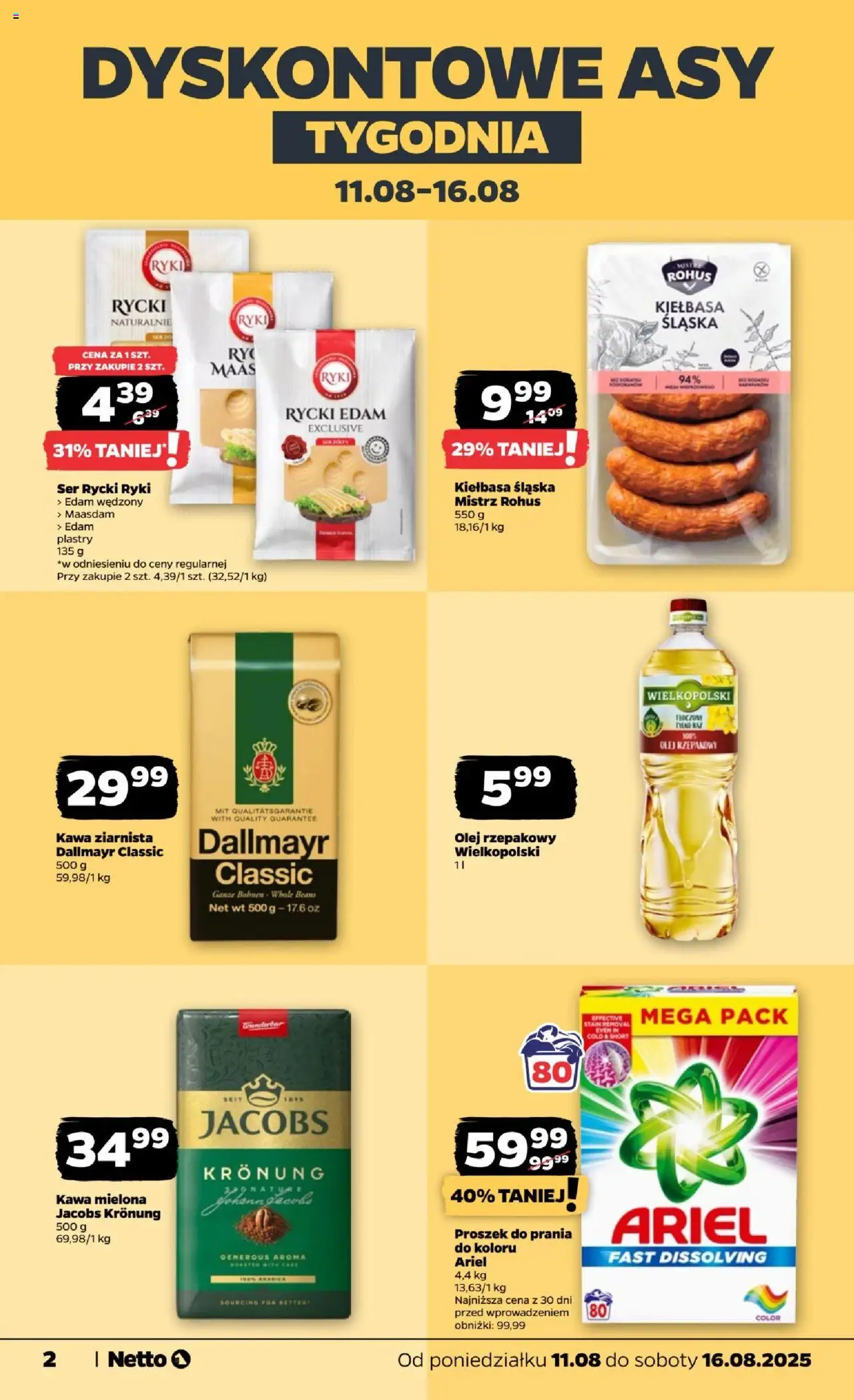 Netto gazetka - Spożywcza od 11.08.2025 | Strona: 2 | Produkty: Kiełbasa, Olej rzepakowy, Kiełbasa śląska, Proszek do prania