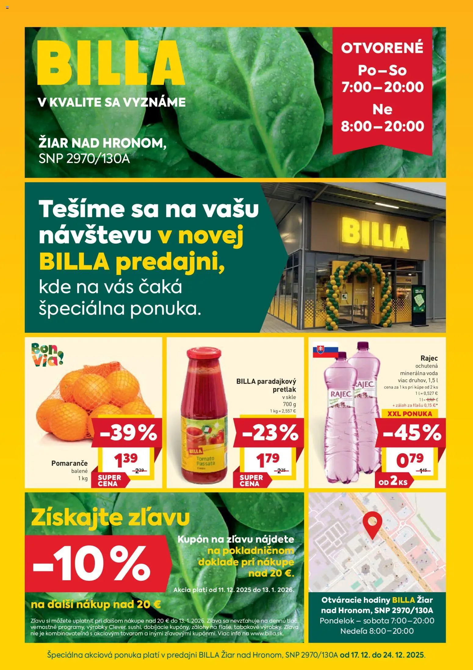 Nové Billa akcie – leták je platný od 17.12.2025 | Strana: 1 | Produkty: Hodiny, Pomaranče, Rajec, Voda