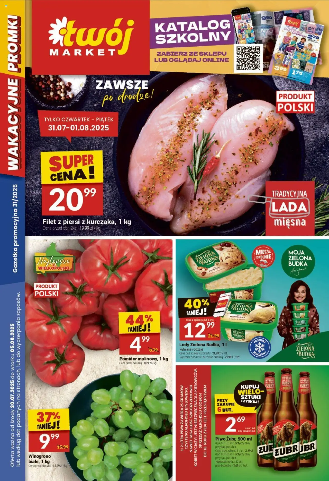 Twój Market Gazetka od 30.07.2025 | Strona: 1 | Produkty: Winogrono, Piersi, Piwo, Lody