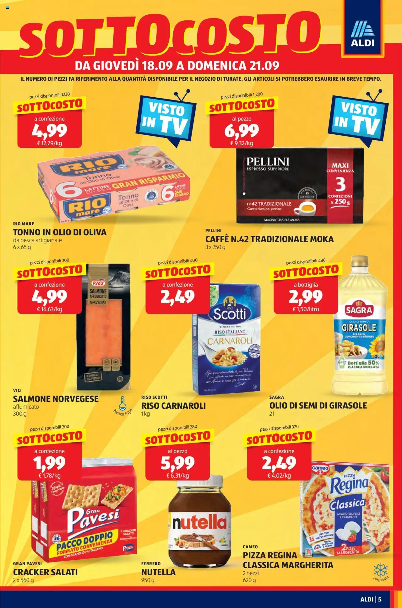 Volantino Aldi del 18.09.2025 | Pagina: 5 | Prodotti: Caffè, Salmone, Pesca, Tonno