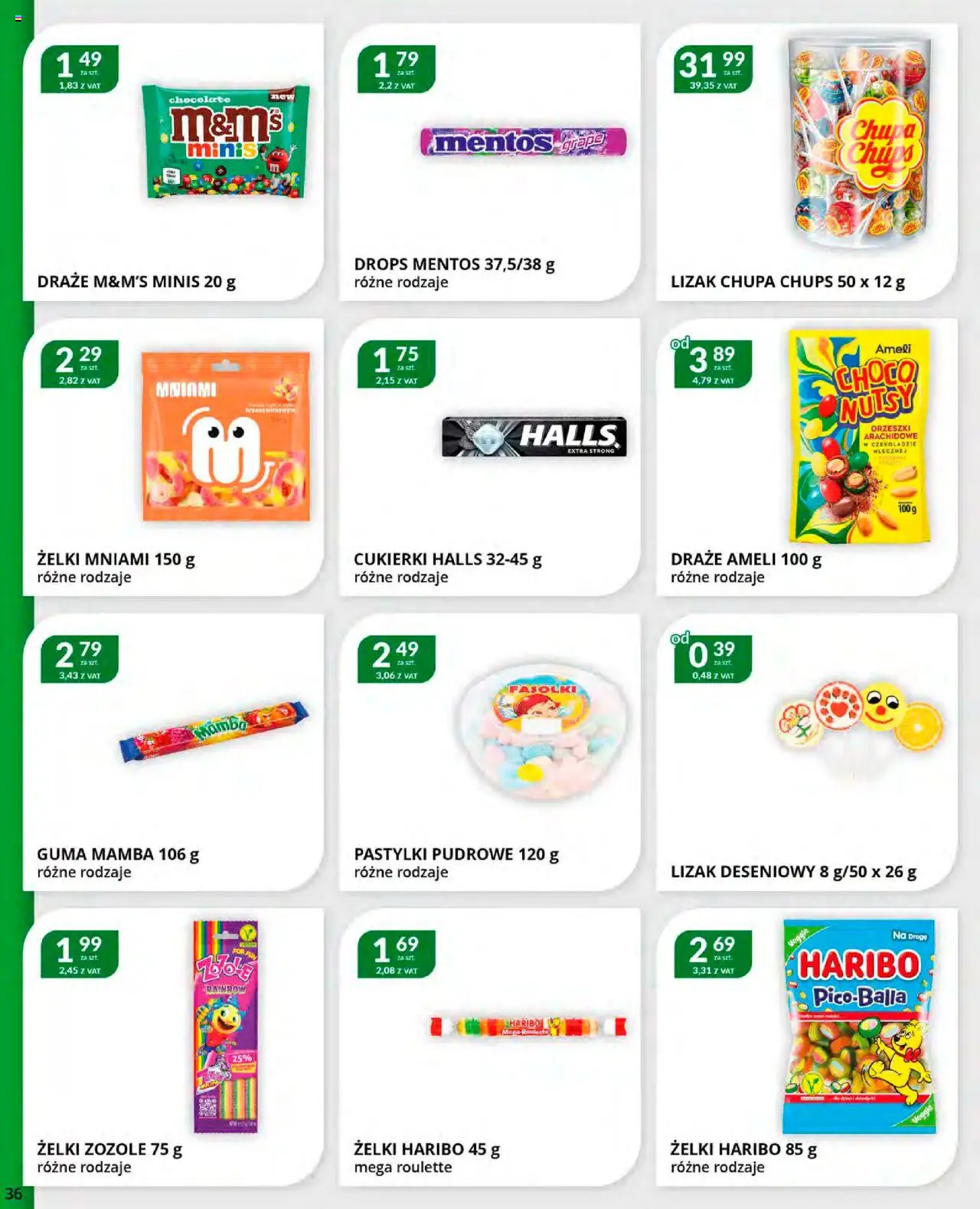 Eurocash Gazetka od 20.10.2025 | Strona: 36 | Produkty: Żelki haribo, Lizak Chupa Chups, M&M's, Pastylki pudrowe
