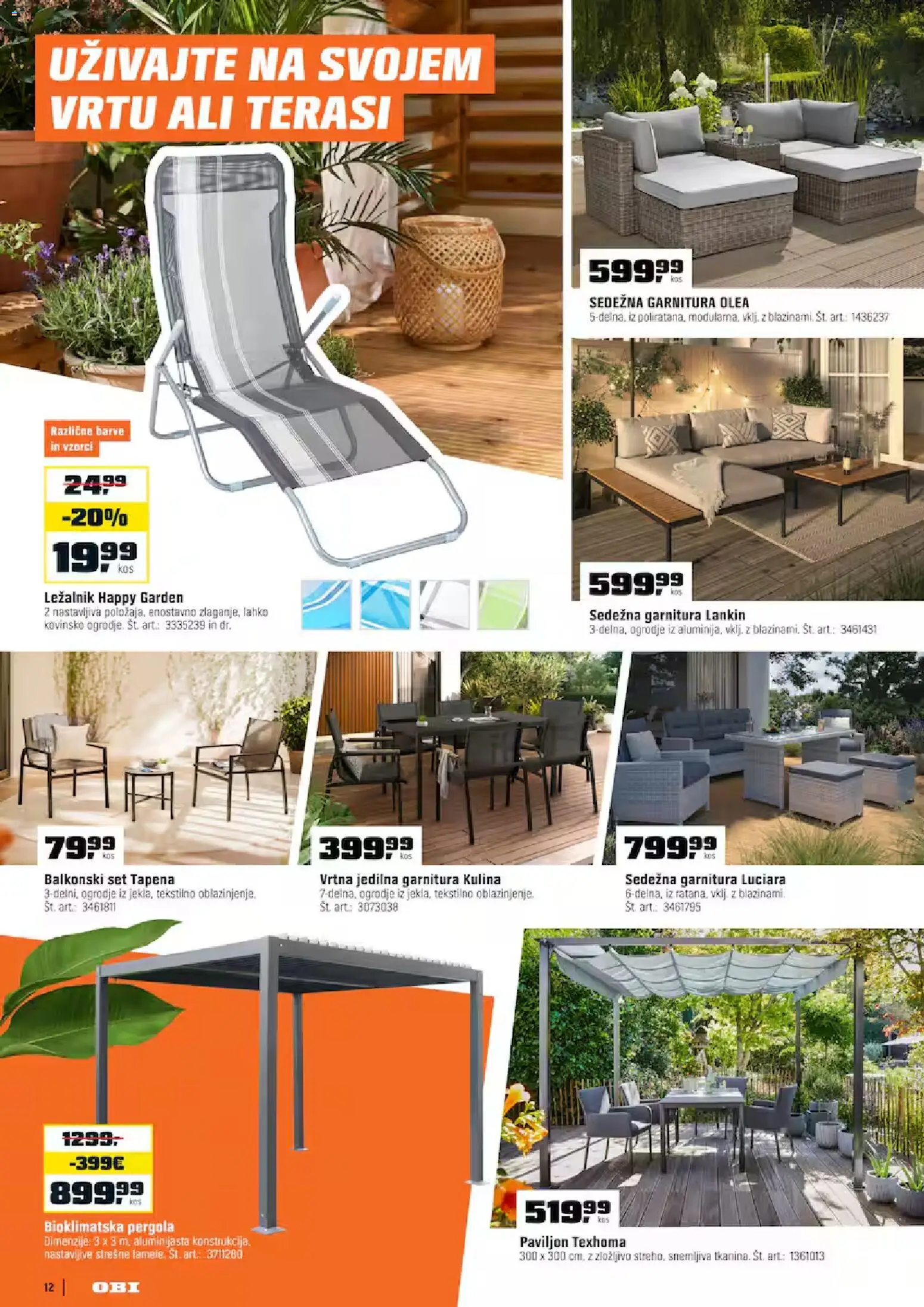 Novi OBI katalog ponudbe – veljaven od 02.04.2026 | Stran: 12 | Izdelki: Ležalnik, Balkonski set, Paviljon, Sedezna garnitura