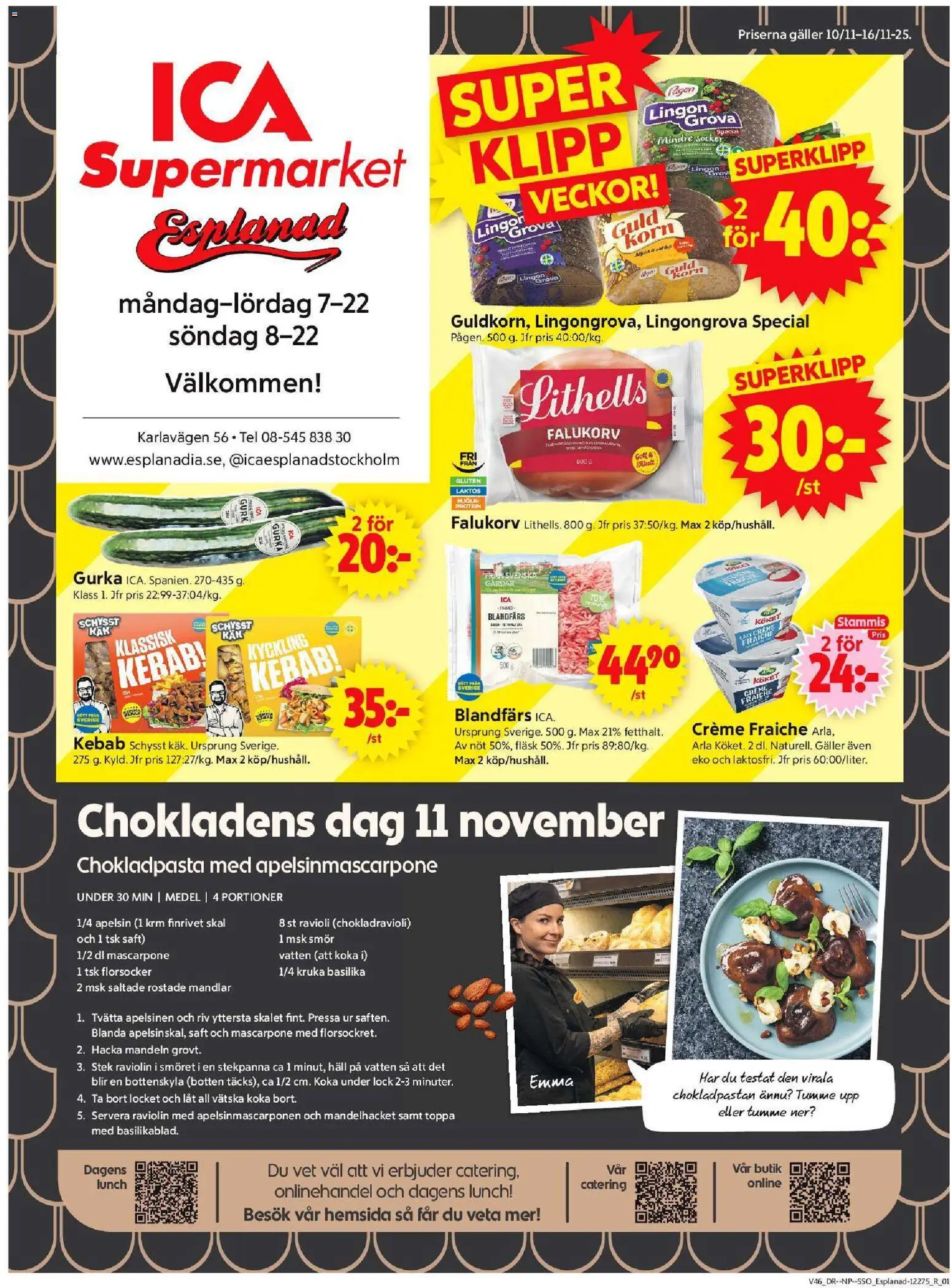 ICA Supermarket reklamblad aktuell från 10.11.2025 | Sida: 1 | Produkter: Lingongrova, Falukorv, Apelsin, Gurka