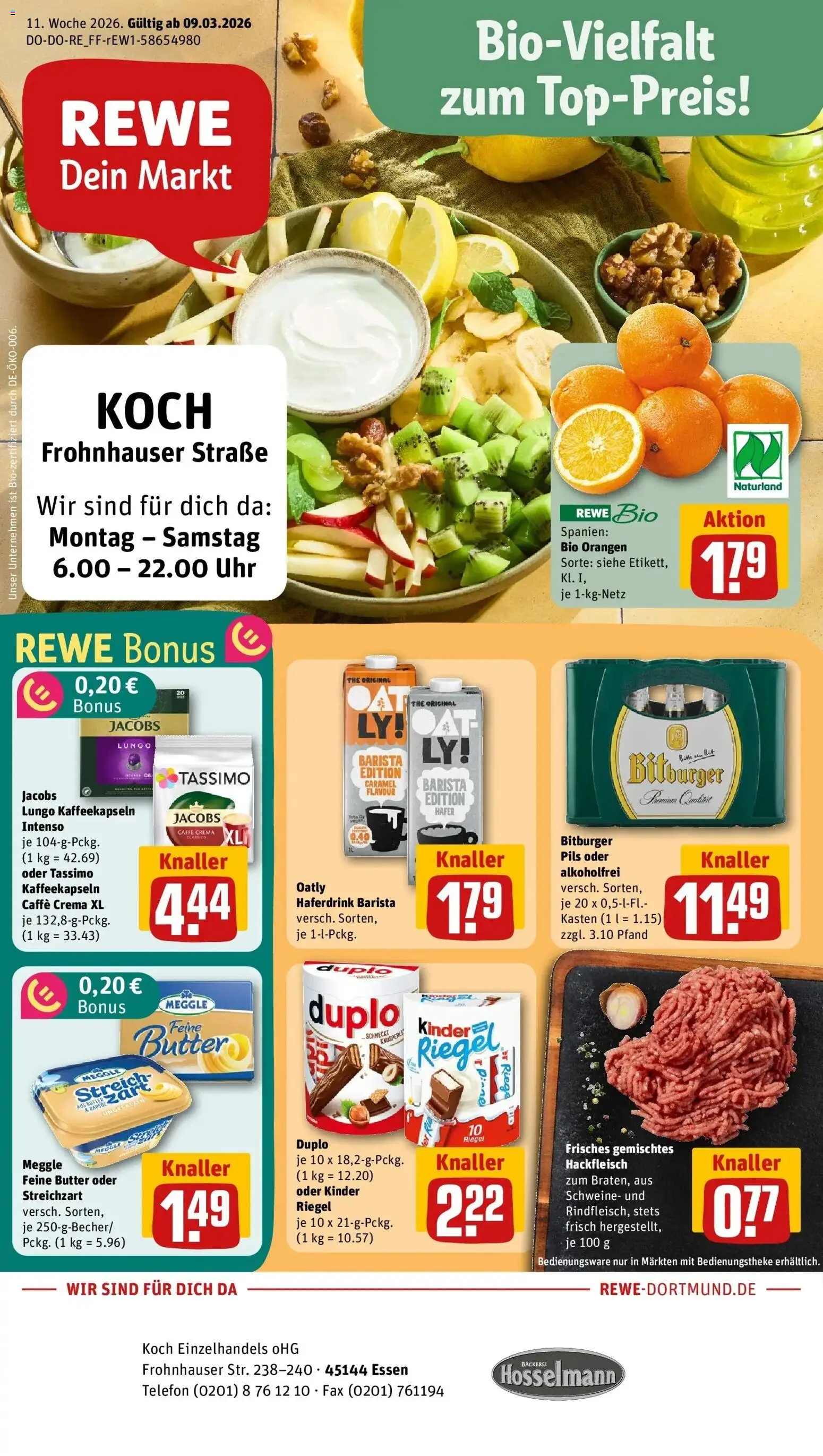 Rewe Prospekt Essen	 – gültig ab 09.03.2026 | Seite: 1 | Produkte: Butter, Pils, Oatly, Telefon