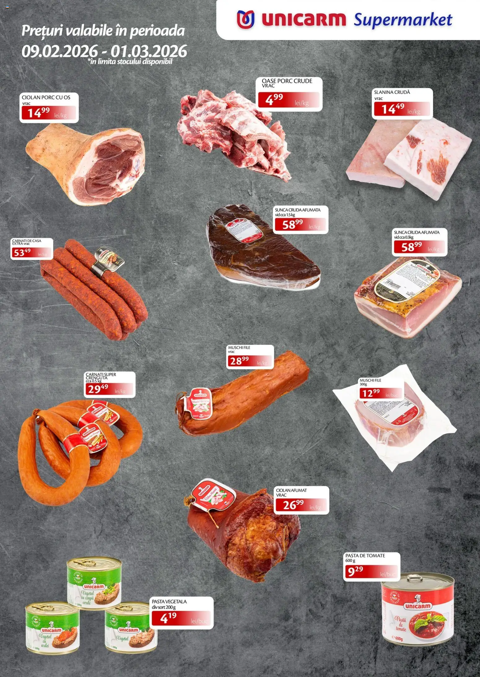 Noul catalog Unicarm – valabil de la 09.02.2026 | Pagină: 2 | Produse: Pastă de tomate, Șuncă, Cârnați