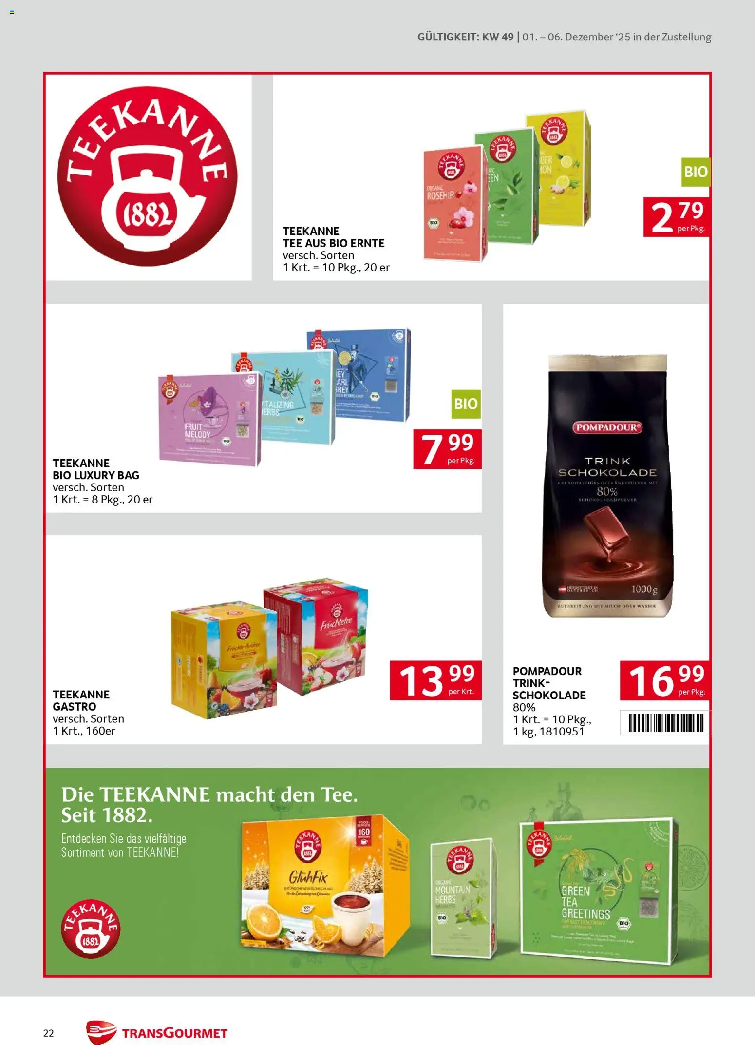 Transgourmet Zustellaktion gültig ab 01.12.2025 | Seite: 22 | Produkte: Wasser, Milch, Schokolade, Tee