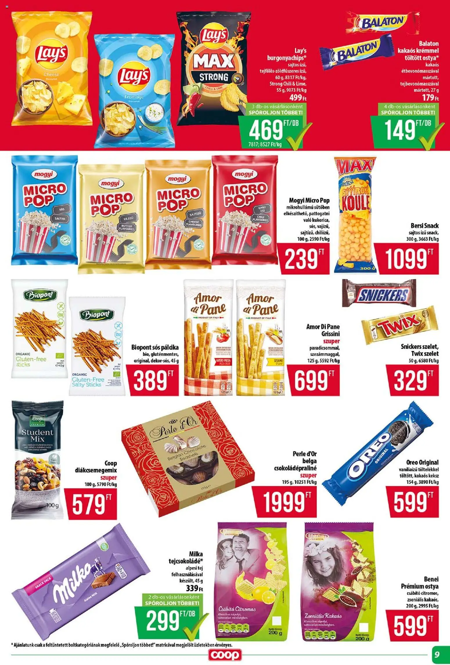 COOP akciós ujság - amely érvényes a következő dátumtól: 16.04.2026 | Oldal: 9 | Termékek: Snickers, Grissini, Pizza, Keksz
