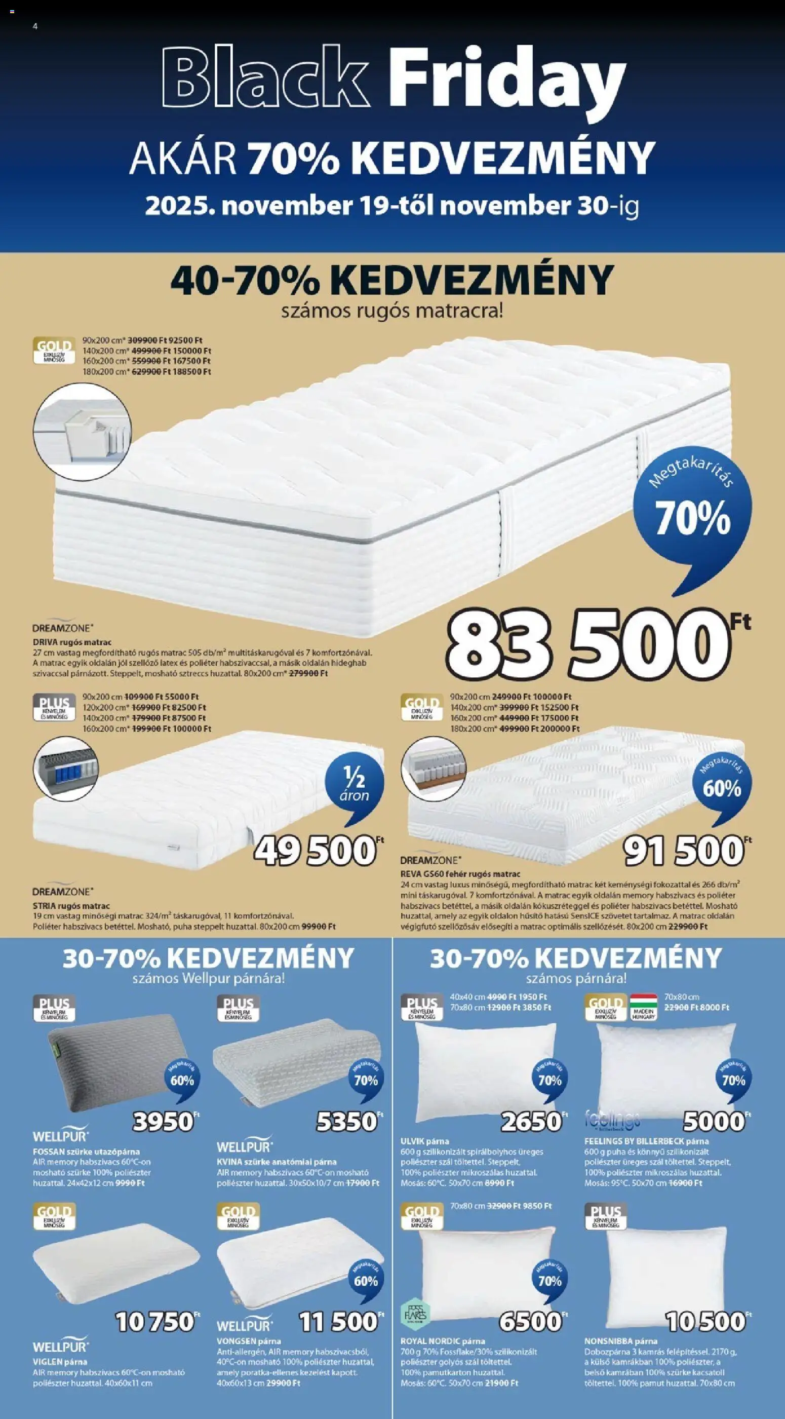 JYSK akciós ujság - amely érvényes a következő dátumtól: 19.11.2025 | Oldal: 4 | Termékek: Matrac, Párna