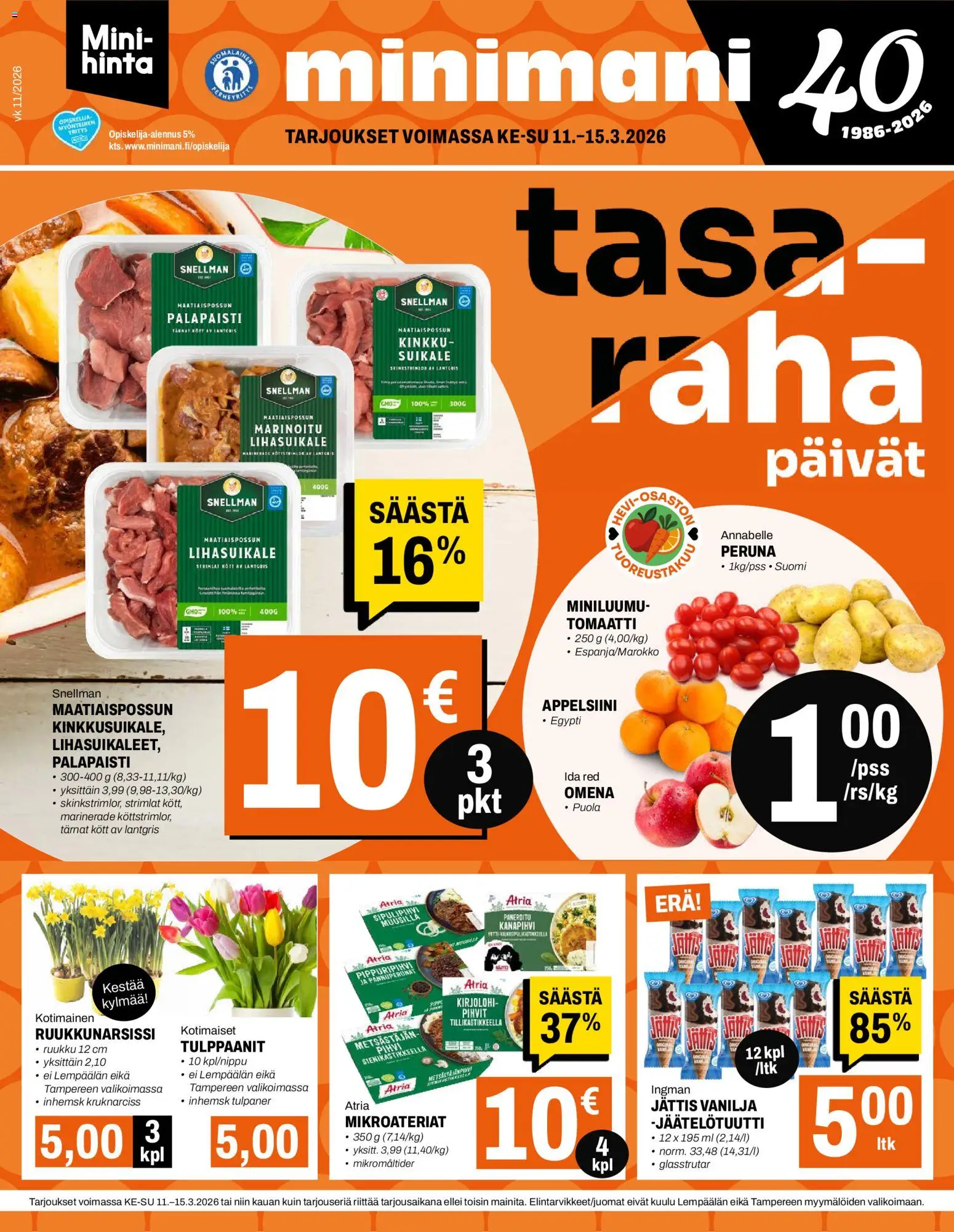 Minimani tarjoukset – voimassa 11.03.2026 alkaen | Sivu: 1 | Tuotteet: Kirjolohi, Peruna, Kinkku, Pihvi
