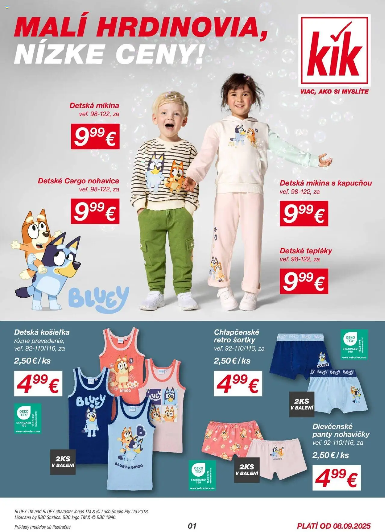 Nové Kik akcie – leták je platný od 08.09.2025 | Strana: 1 | Produkty: Mikina, Nohavice, Nohavičky